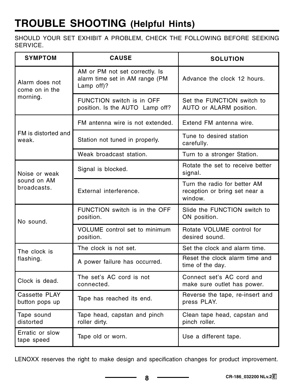 Trouble shooting, Helpful hints) | Lenoxx Electronics CR-186 User Manual | Page 9 / 10