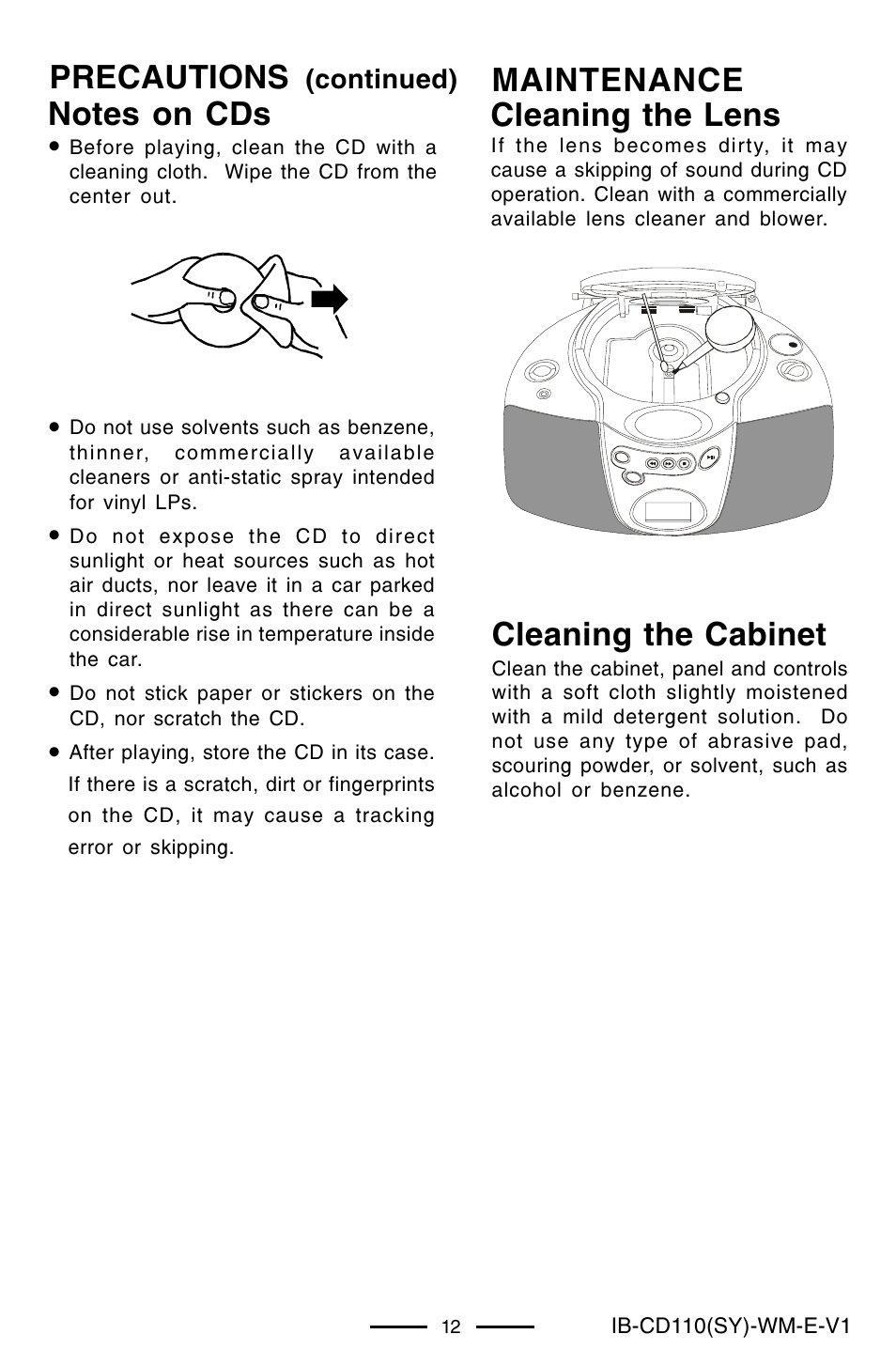 Precautions, Maintenance cleaning the lens cleaning the cabinet | Lenoxx Electronics CD-110 User Manual | Page 13 / 15