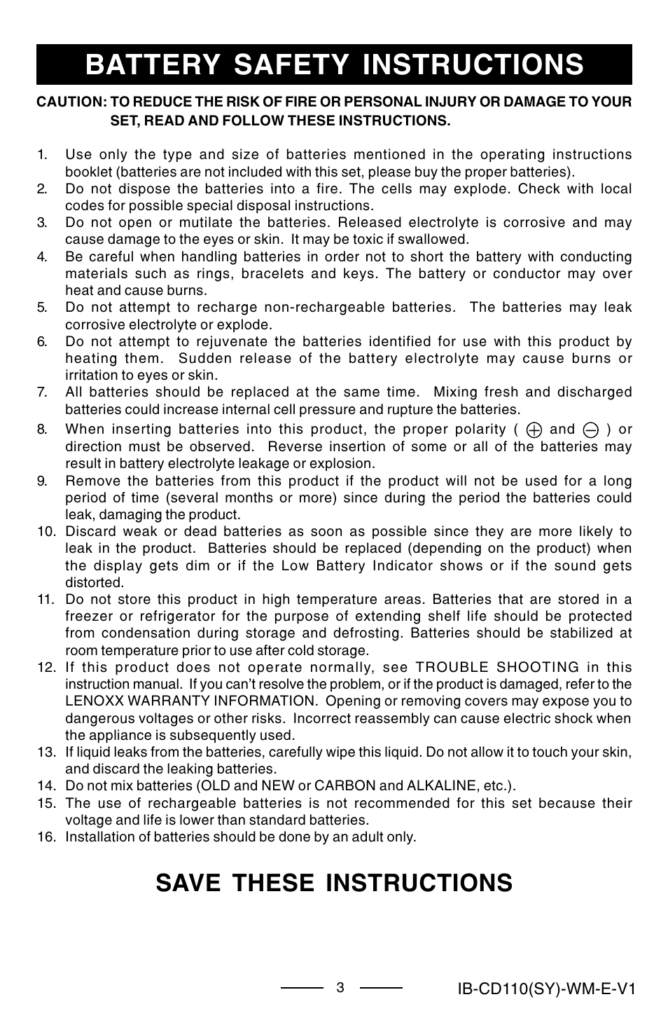 Battery safety instructions, Save these instructions | Lenoxx Electronics CD-110 User Manual | Page 4 / 15