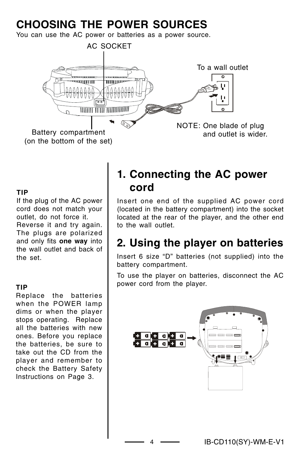 Choosing the power sources, Connecting the ac power cord, Using the player on batteries | Lenoxx Electronics CD-110 User Manual | Page 5 / 15