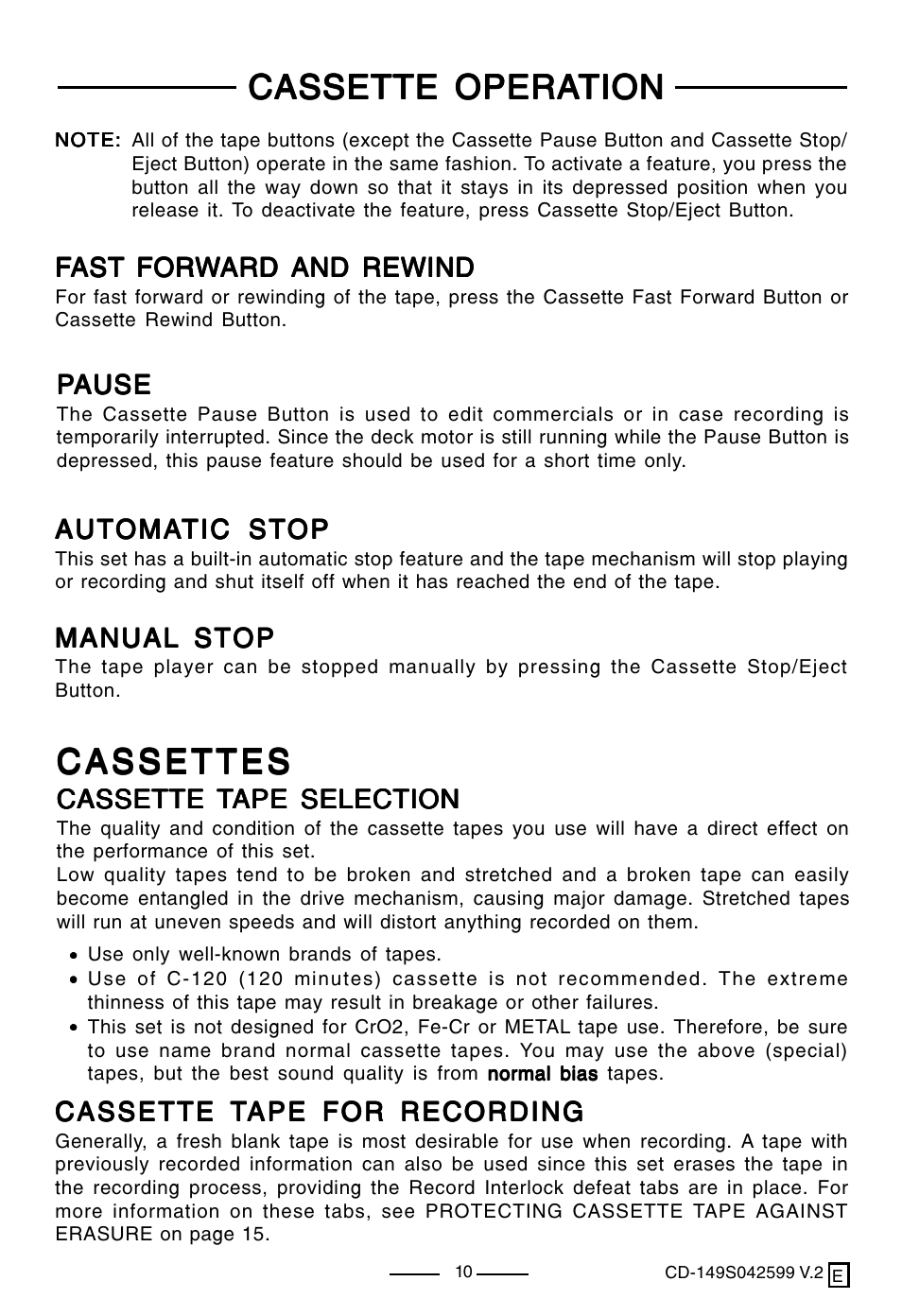 Cassette opera, Cassettes | Lenoxx Electronics CD-149 User Manual | Page 11 / 20