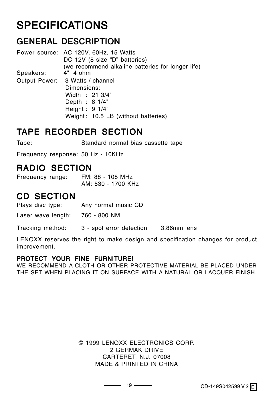 Specifica, Specifica specifications tions tions tions tions, General description | Lenoxx Electronics CD-149 User Manual | Page 20 / 20