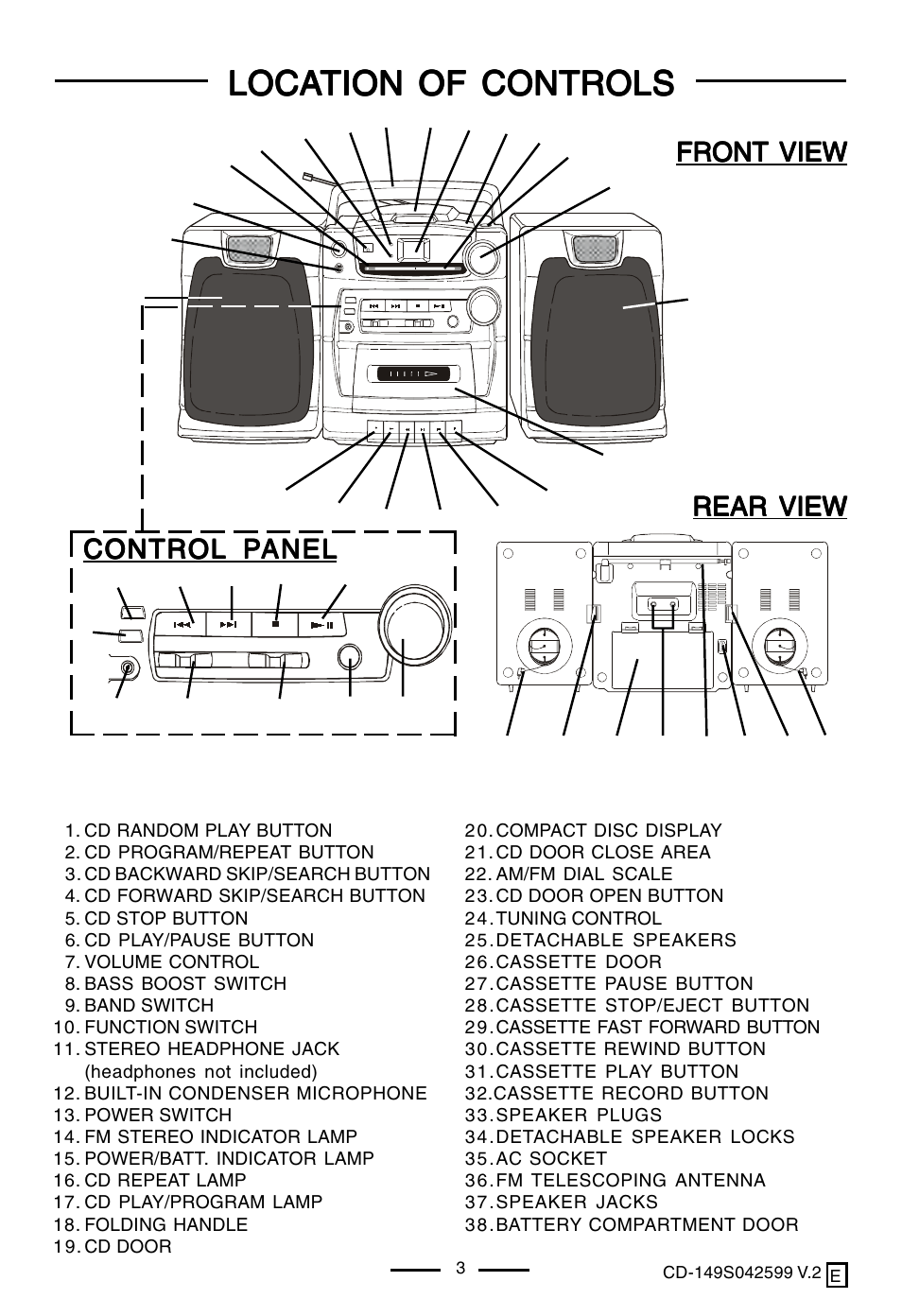 Loca, Front view, Control | Lenoxx Electronics CD-149 User Manual | Page 4 / 20