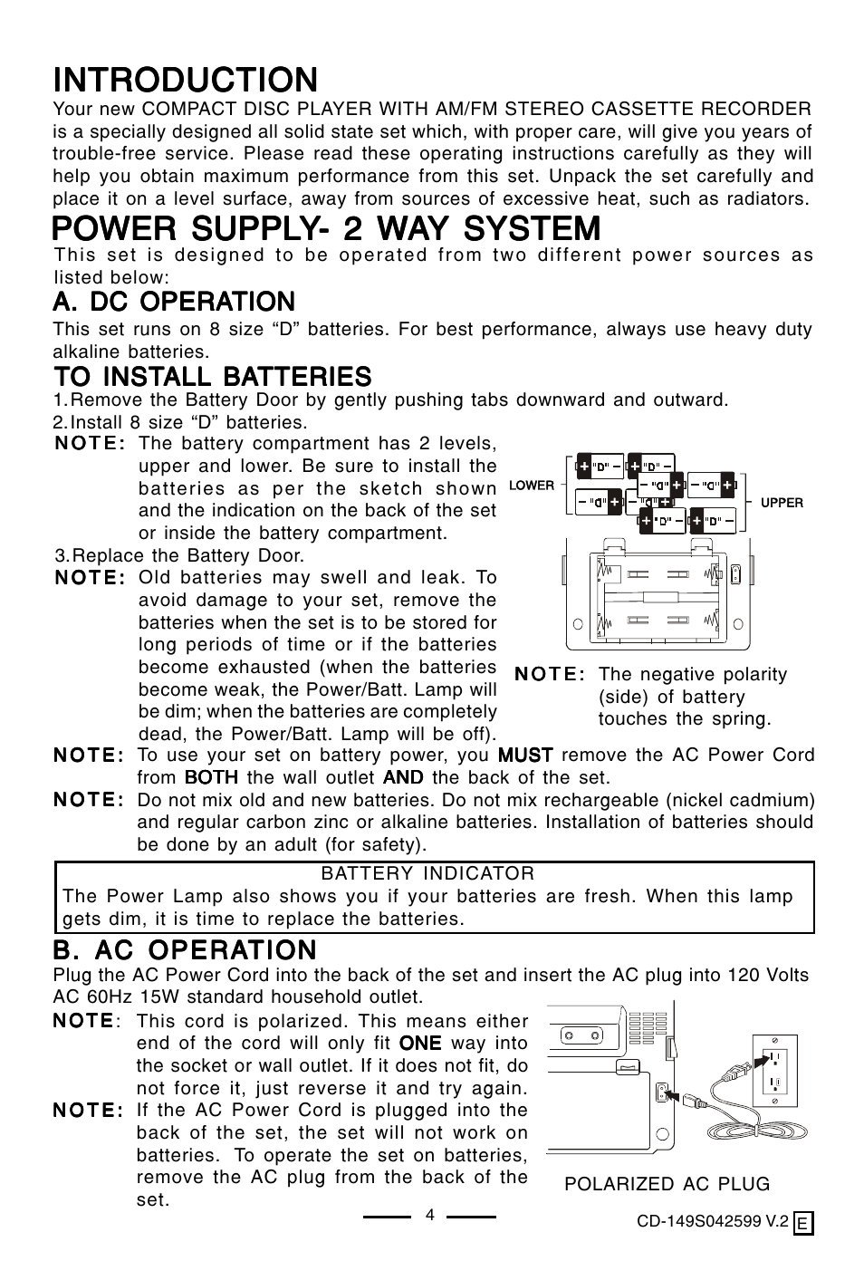 Introduction, Power suppl, A. dc opera | A. dc opera a. dc operation tion tion tion tion, B. ac opera, B. ac opera b. ac operation tion tion tion tion | Lenoxx Electronics CD-149 User Manual | Page 5 / 20