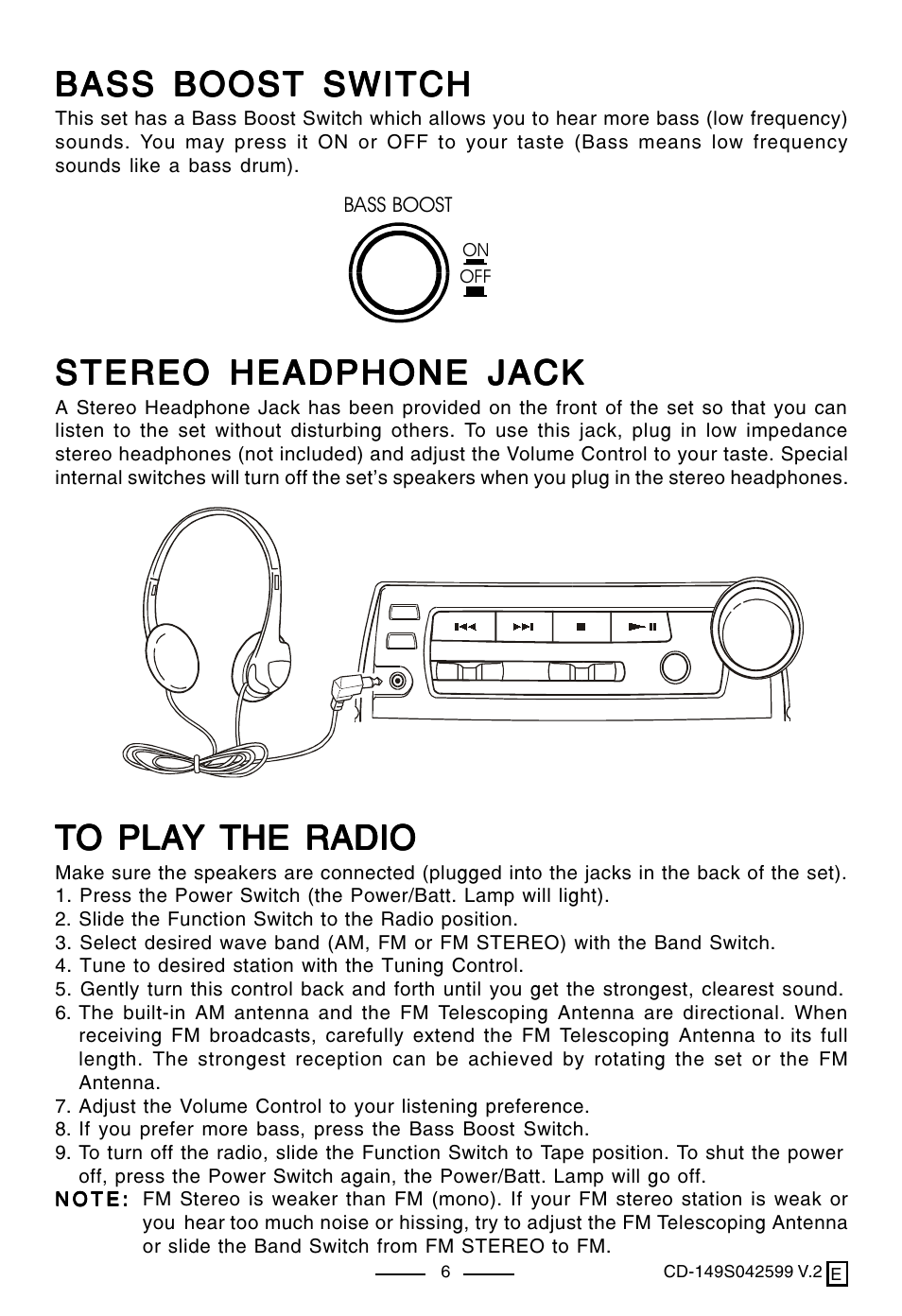 Bass boost switch, Stereo headphone jack | Lenoxx Electronics CD-149 User Manual | Page 7 / 20