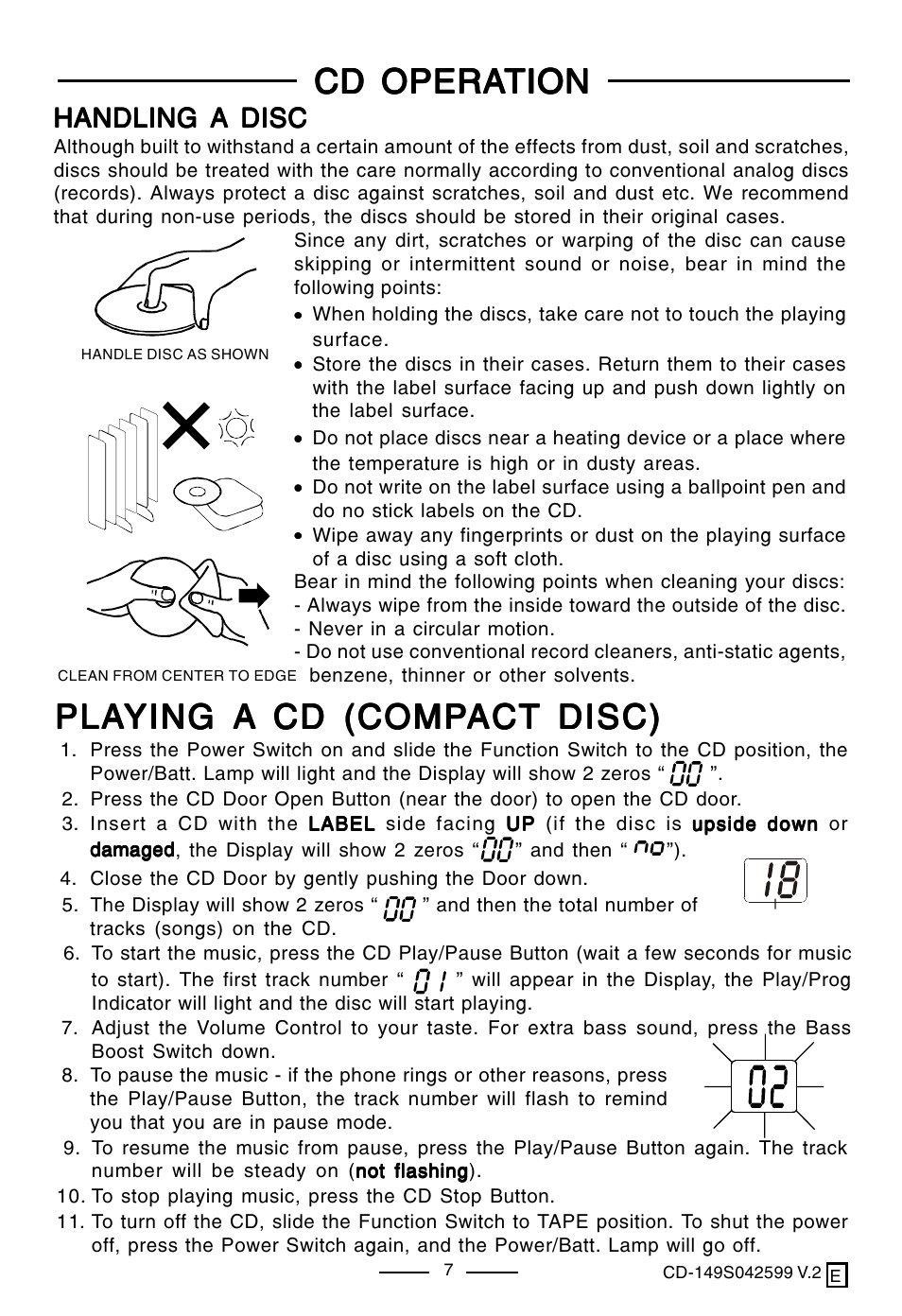 Cd opera, Cd opera cd operation tion tion tion tion, Handling a disc | Lenoxx Electronics CD-149 User Manual | Page 8 / 20