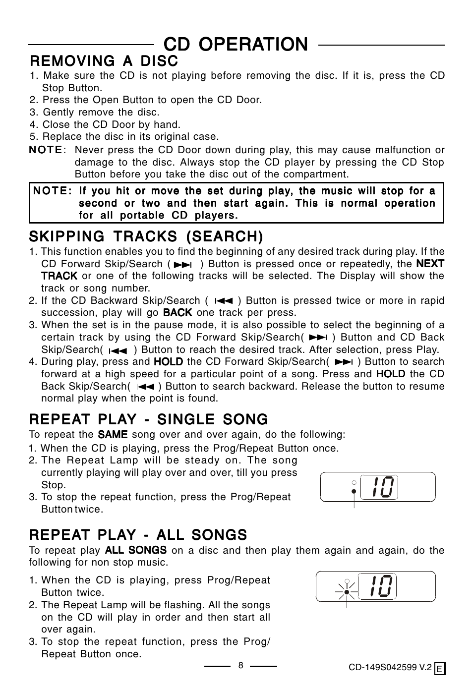 Cd opera, Cd opera cd operation tion tion tion tion, Removing a disc | Skipping tracks (search), Repea | Lenoxx Electronics CD-149 User Manual | Page 9 / 20