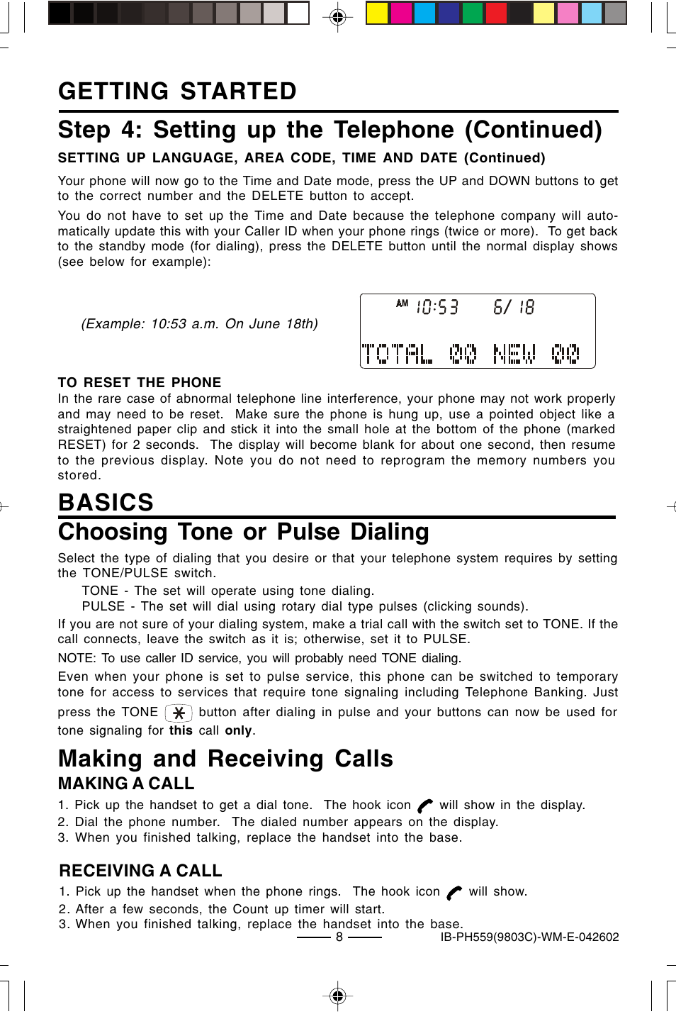 Basics making and receiving calls, Choosing tone or pulse dialing, Making a call | Receiving a call | Lenoxx Electronics PH559 User Manual | Page 10 / 20