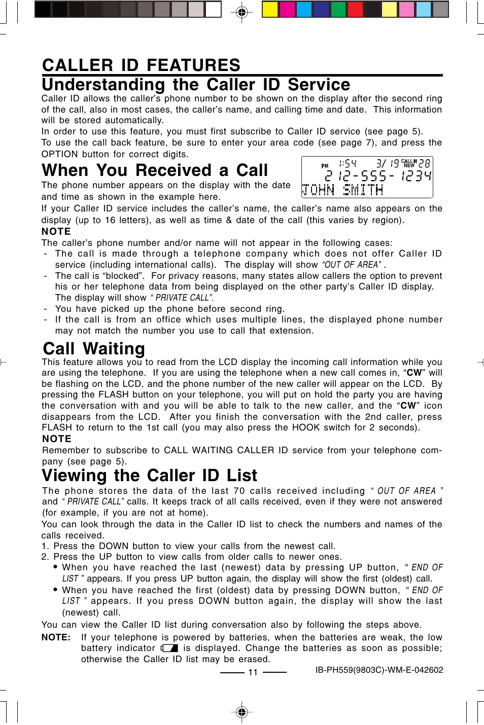 When you received a call, Viewing the caller id list, Call waiting | Lenoxx Electronics PH559 User Manual | Page 13 / 20