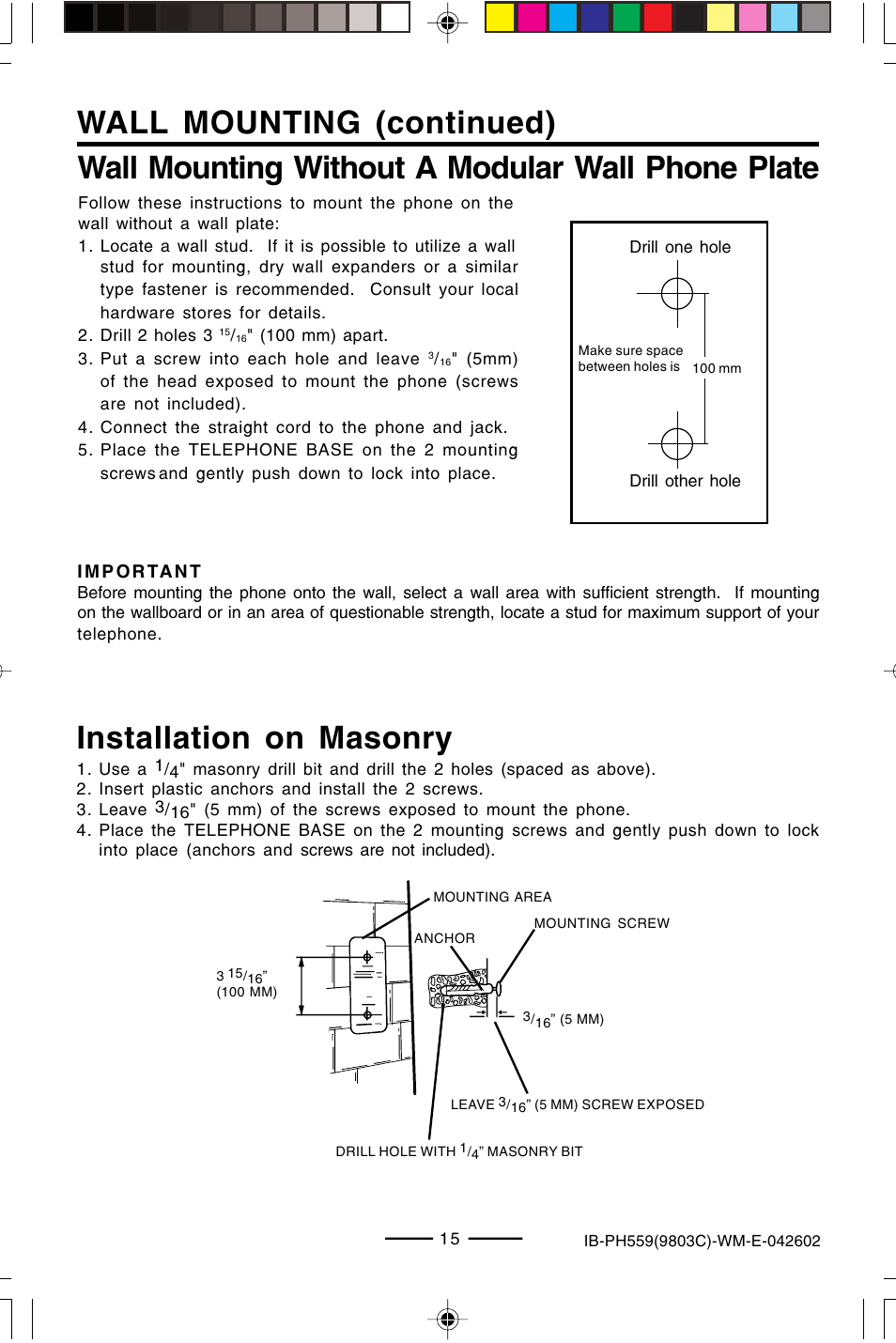 Wall mounting without a modular wall phone plate, Wall mounting (continued), Installation on masonry | Lenoxx Electronics PH559 User Manual | Page 17 / 20