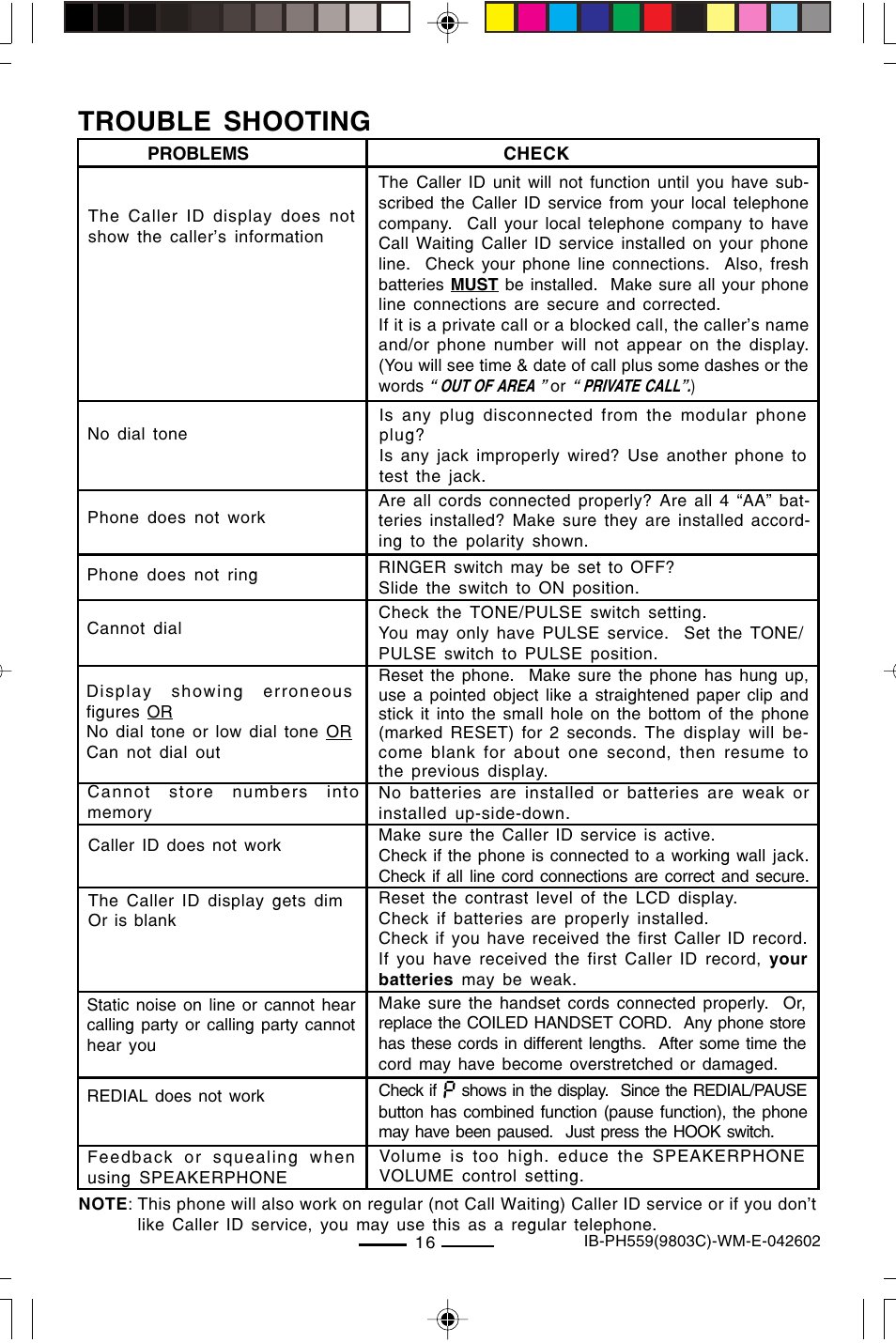 Trouble shooting | Lenoxx Electronics PH559 User Manual | Page 18 / 20
