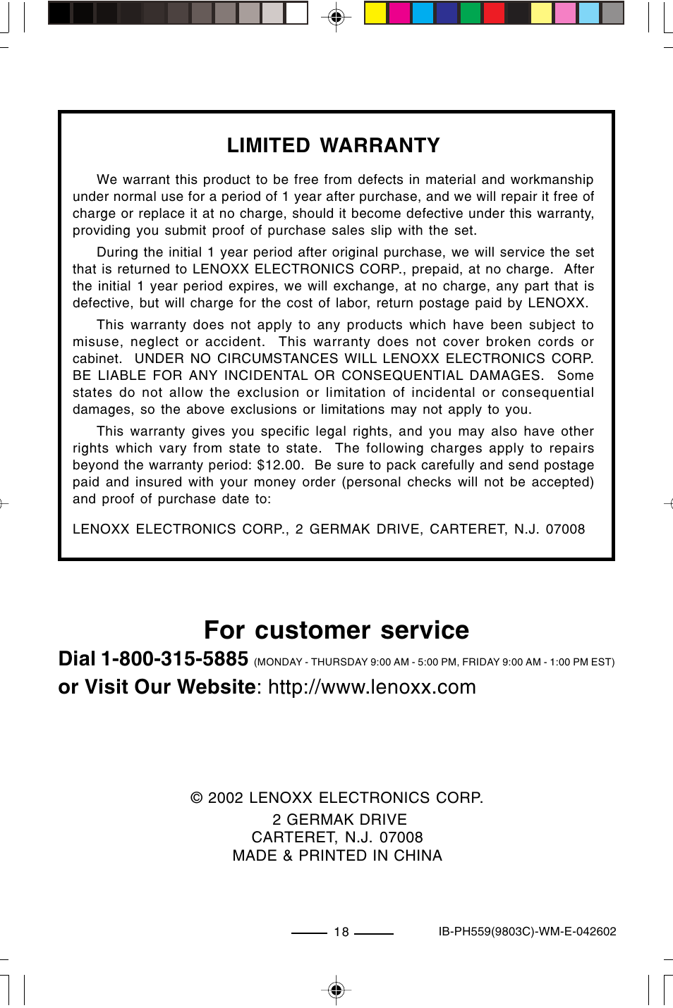 For customer service, Limited warranty | Lenoxx Electronics PH559 User Manual | Page 20 / 20