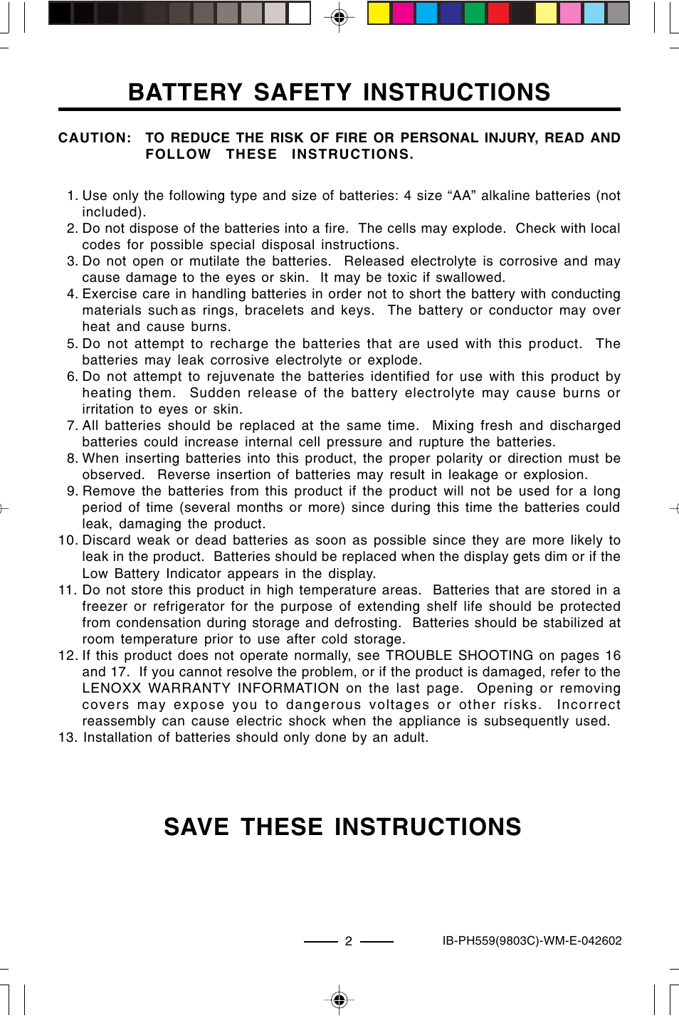 Battery safety instructions, Save these instructions | Lenoxx Electronics PH559 User Manual | Page 4 / 20