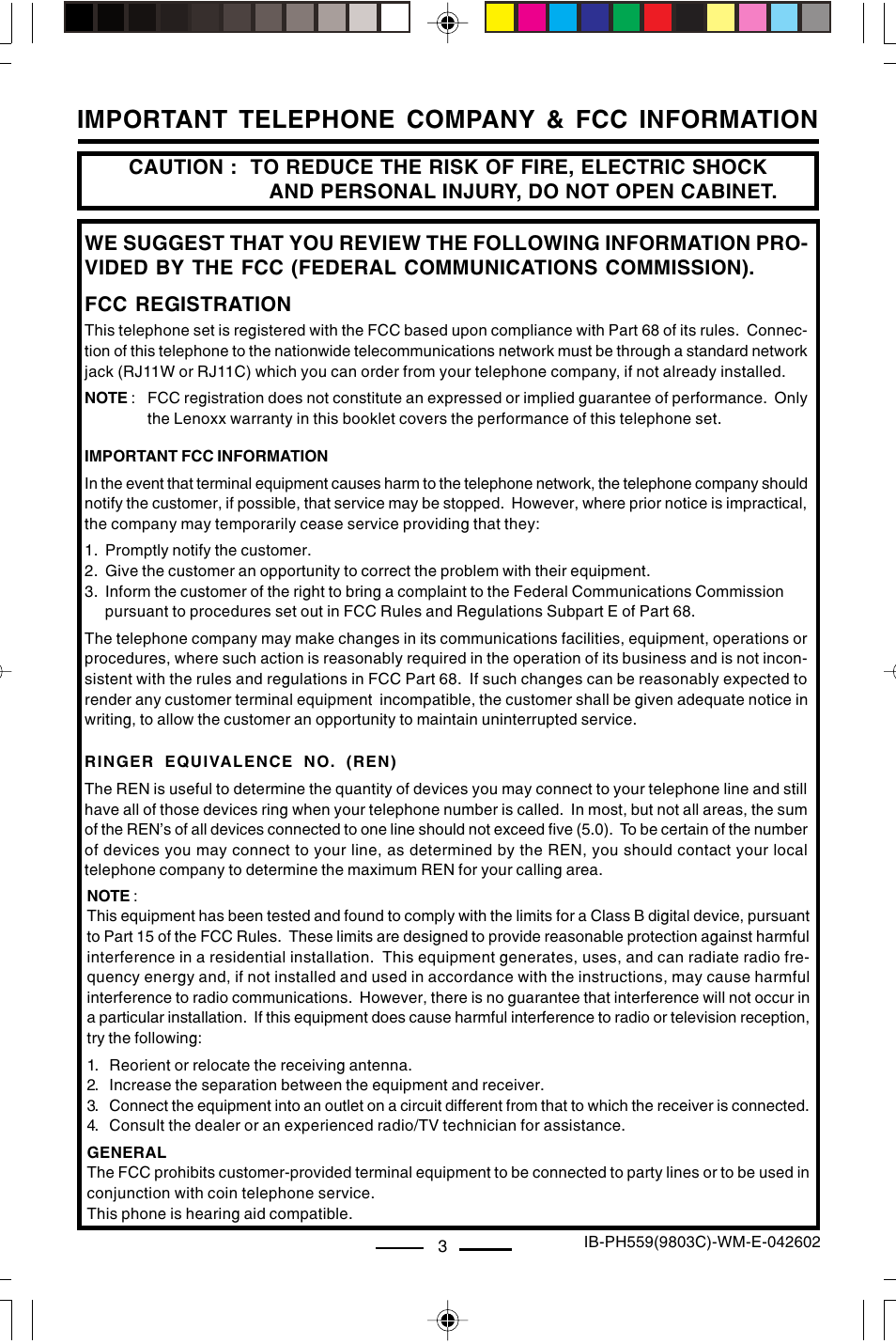 Important telephone company & fcc information, Fcc registration | Lenoxx Electronics PH559 User Manual | Page 5 / 20
