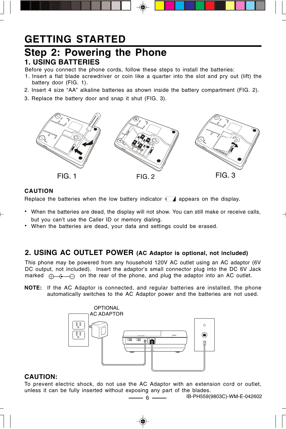 Getting started, Step 2: powering the phone, Using batteries | Using ac outlet power, Fig. 1 fig. 3 | Lenoxx Electronics PH559 User Manual | Page 8 / 20