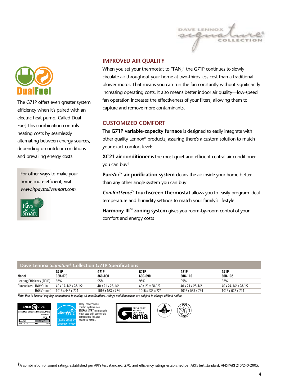 Customized comfort, Improved air quality, G71p variable-capacity furnace | Xc21 air conditioner, Pureair, Air purification system, Comfortsense, Touchscreen thermostat, Harmony iii, Zoning system | Lenoxx Electronics G71P User Manual | Page 4 / 6