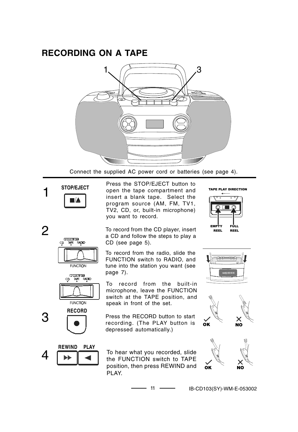 Recording on a tape | Lenoxx Electronics CD-103 User Manual | Page 12 / 20