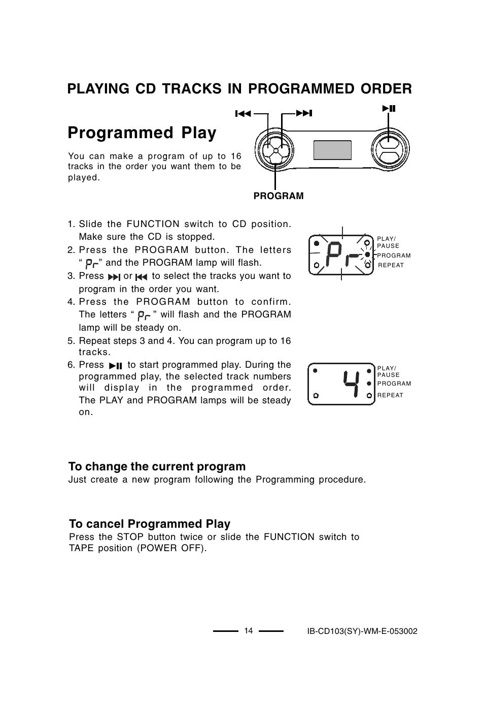 Programmed play, Playing cd tracks in programmed order | Lenoxx Electronics CD-103 User Manual | Page 15 / 20