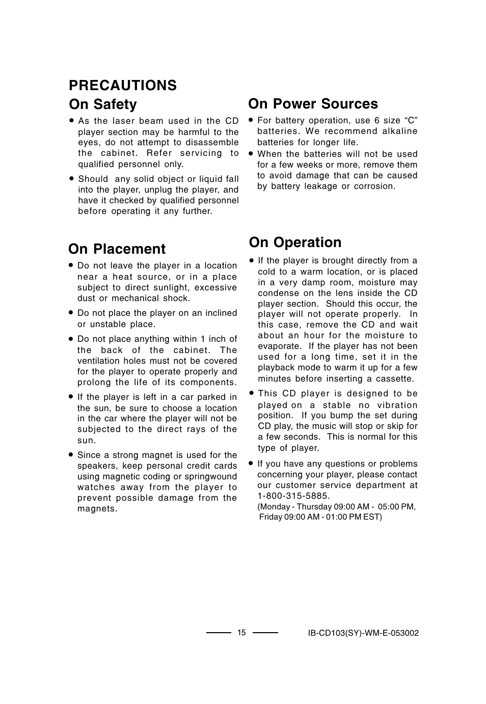 Precautions on safety, On power sources, On operation | On placement | Lenoxx Electronics CD-103 User Manual | Page 16 / 20