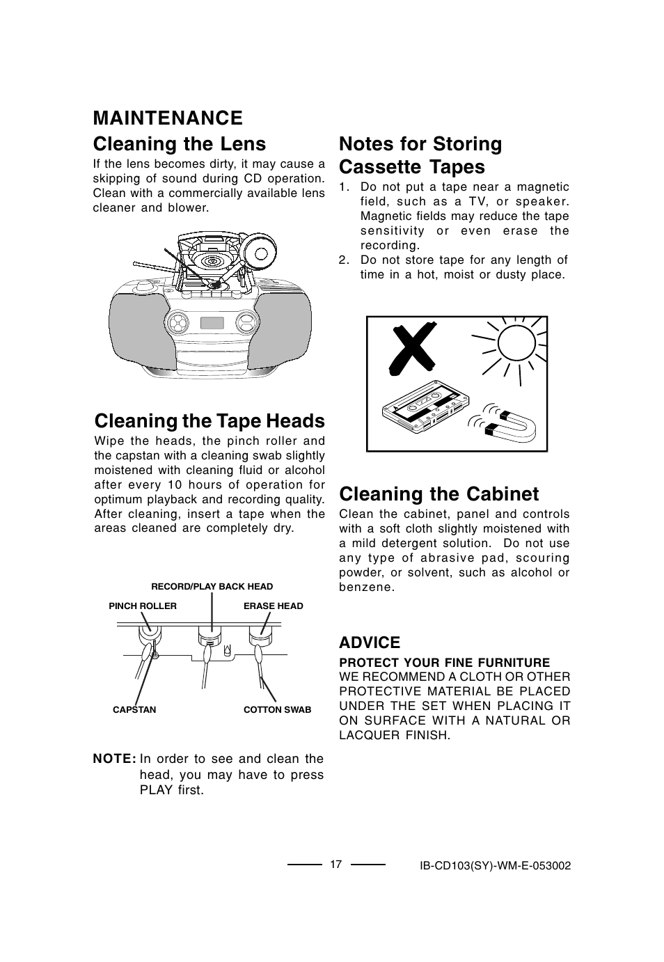 Maintenance cleaning the lens, Cleaning the tape heads, Cleaning the cabinet | Advice | Lenoxx Electronics CD-103 User Manual | Page 18 / 20