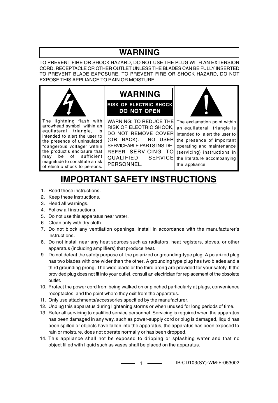 Important safety instructions, Warning | Lenoxx Electronics CD-103 User Manual | Page 2 / 20