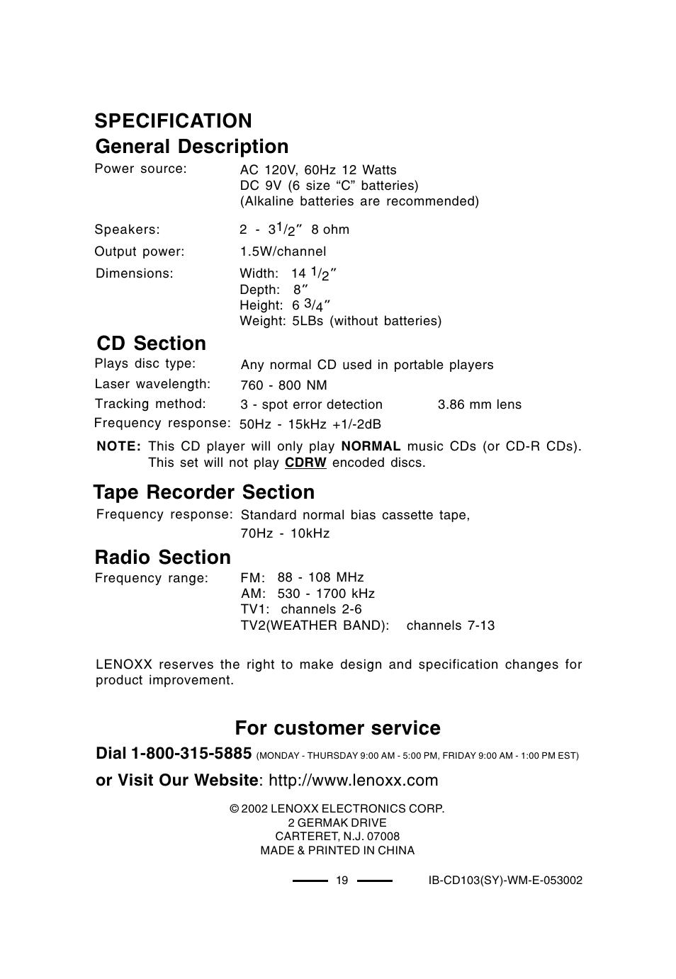 Specification general description, For customer service | Lenoxx Electronics CD-103 User Manual | Page 20 / 20