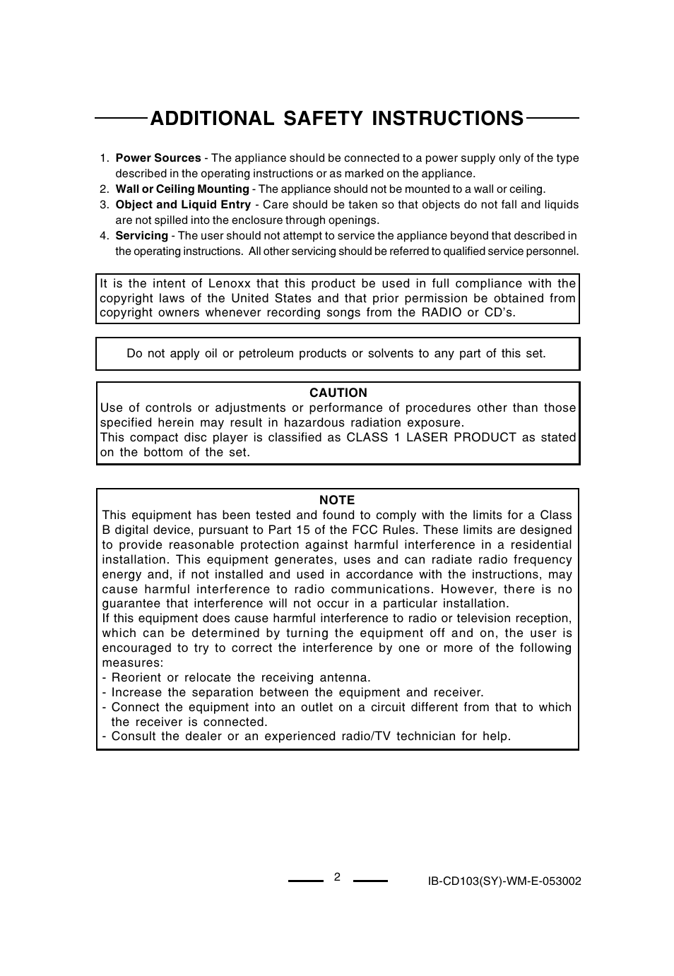 Additional safety instructions | Lenoxx Electronics CD-103 User Manual | Page 3 / 20