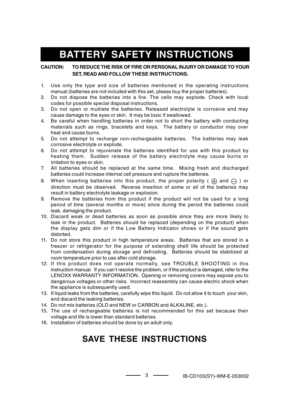 Battery safety instructions, Save these instructions | Lenoxx Electronics CD-103 User Manual | Page 4 / 20