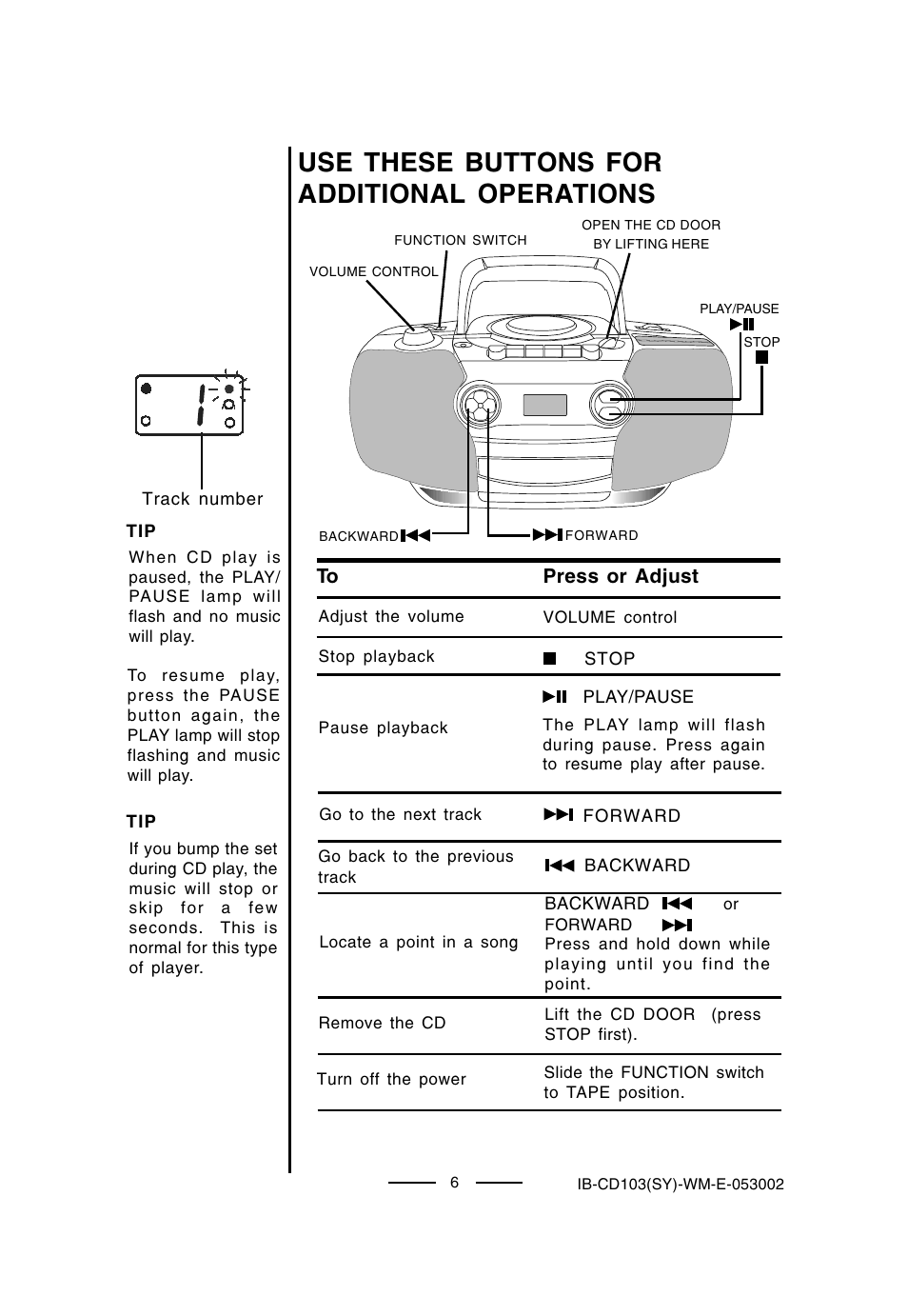 Use these buttons for additional operations | Lenoxx Electronics CD-103 User Manual | Page 7 / 20