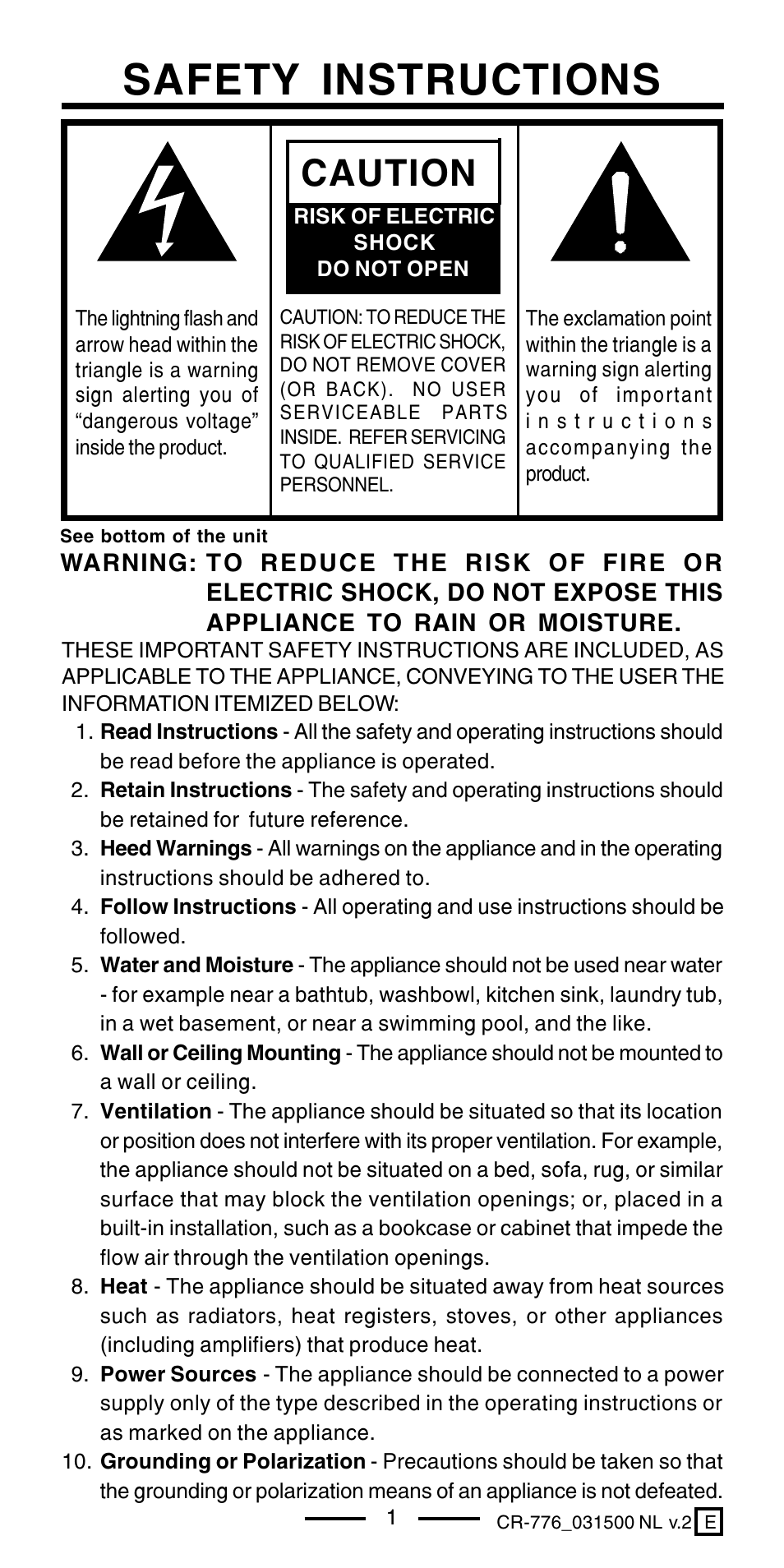 Safety instructions, Caution | Lenoxx Electronics CR-776 User Manual | Page 2 / 8