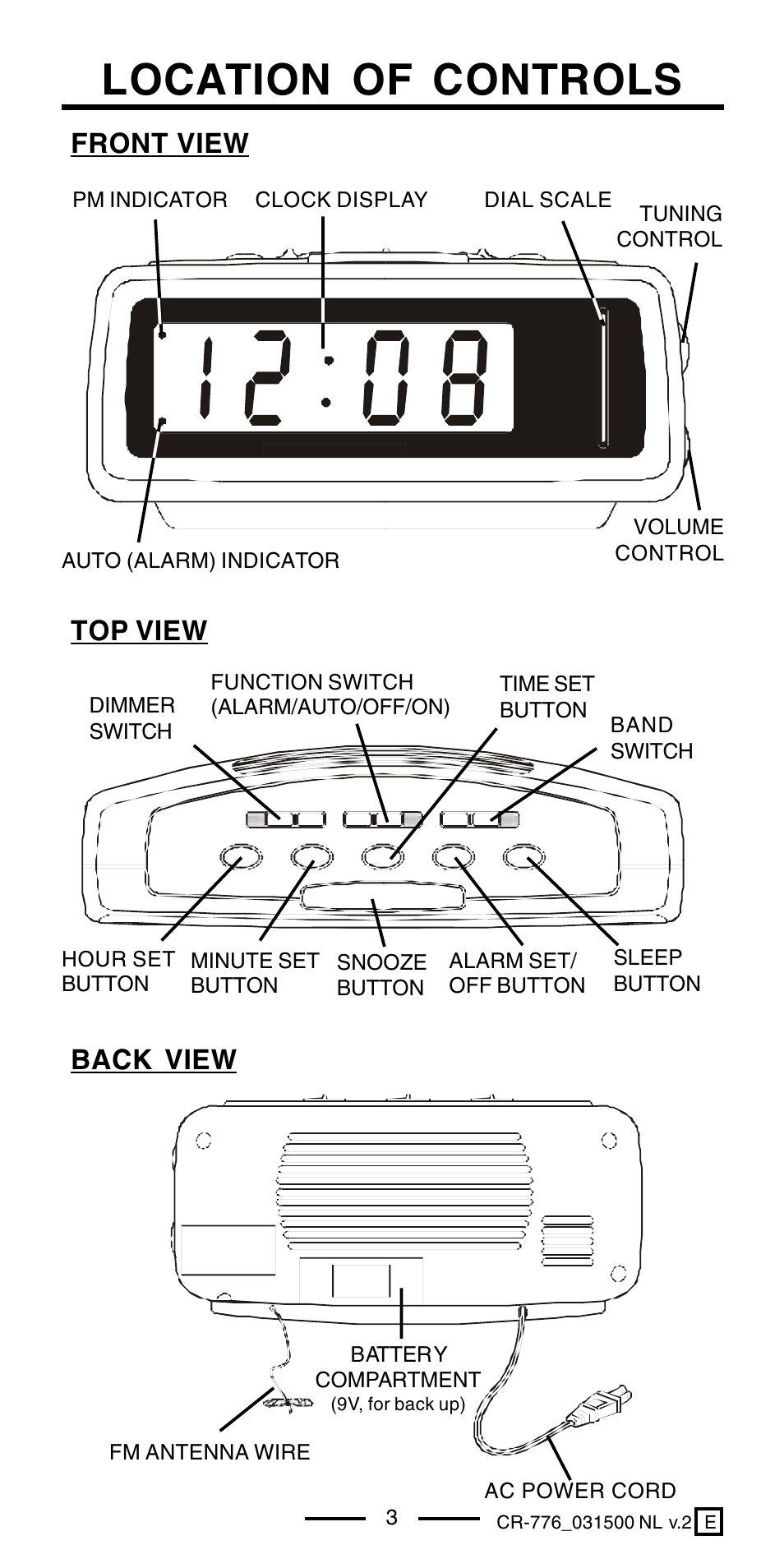 Location of controls, Top view front view back view | Lenoxx Electronics CR-776 User Manual | Page 4 / 8