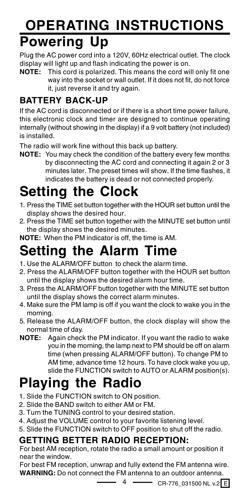 Operating instructions powering up, Setting the clock, Setting the alarm time | Playing the radio, Battery back-up, Getting better radio reception | Lenoxx Electronics CR-776 User Manual | Page 5 / 8