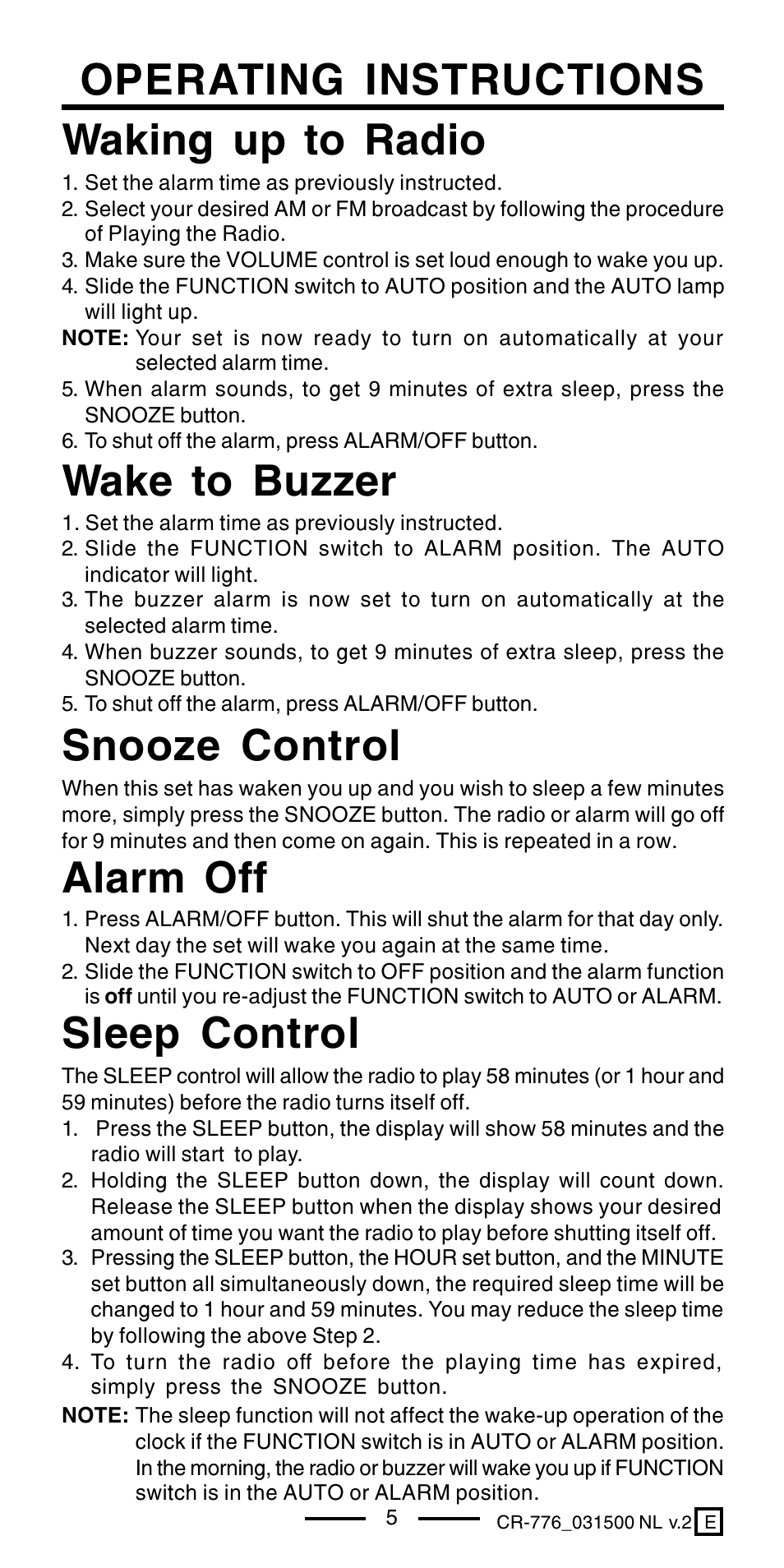 Operating instructions waking up to radio, Snooze control, Alarm off | Wake to buzzer, Sleep control | Lenoxx Electronics CR-776 User Manual | Page 6 / 8