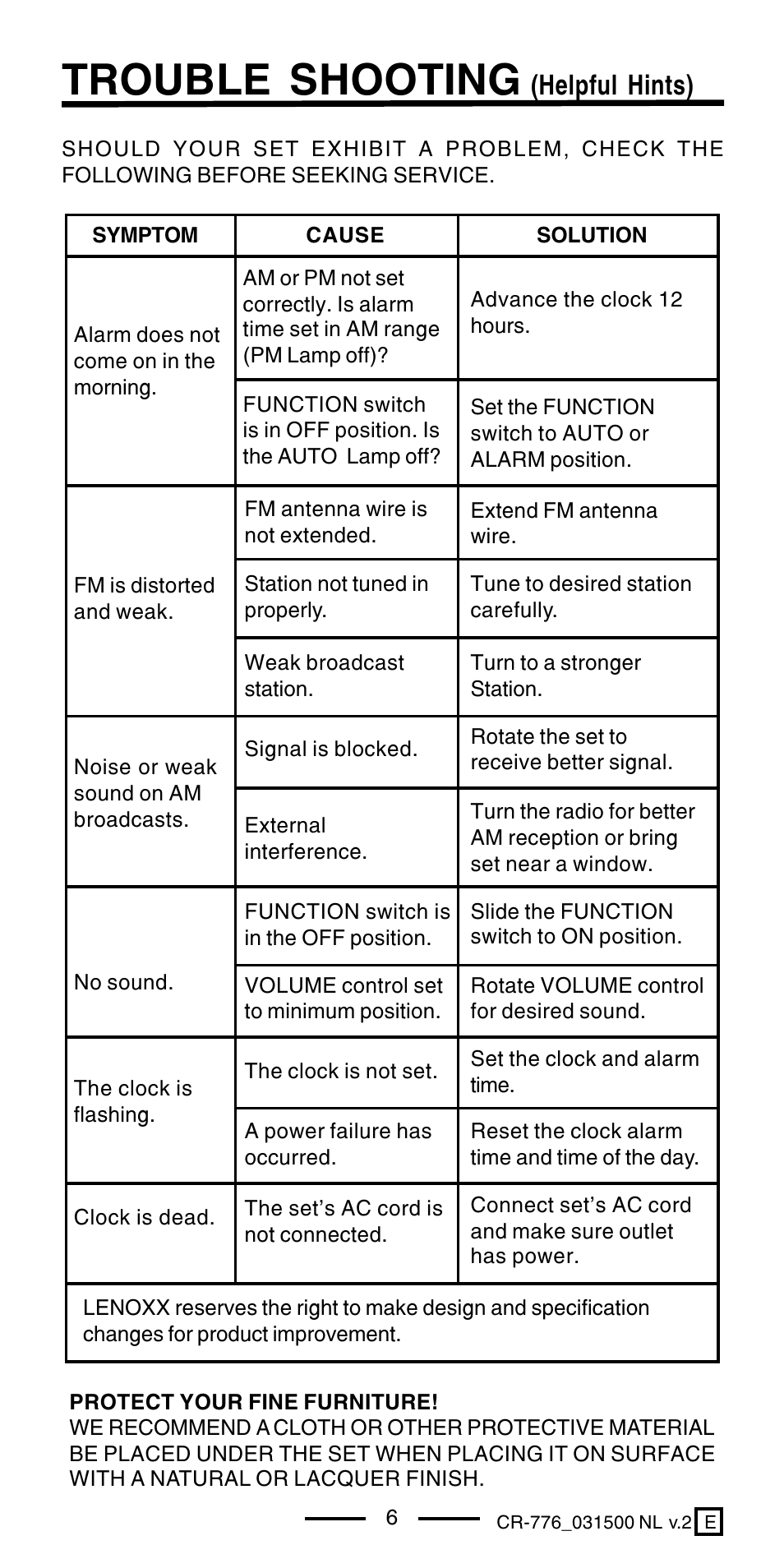 Trouble shooting, Helpful hints) | Lenoxx Electronics CR-776 User Manual | Page 7 / 8