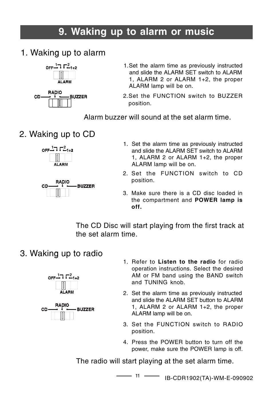 Waking up to alarm or music, Waking up to cd 3. waking up to radio, Waking up to alarm | Lenoxx Electronics CDR-1902 User Manual | Page 12 / 17