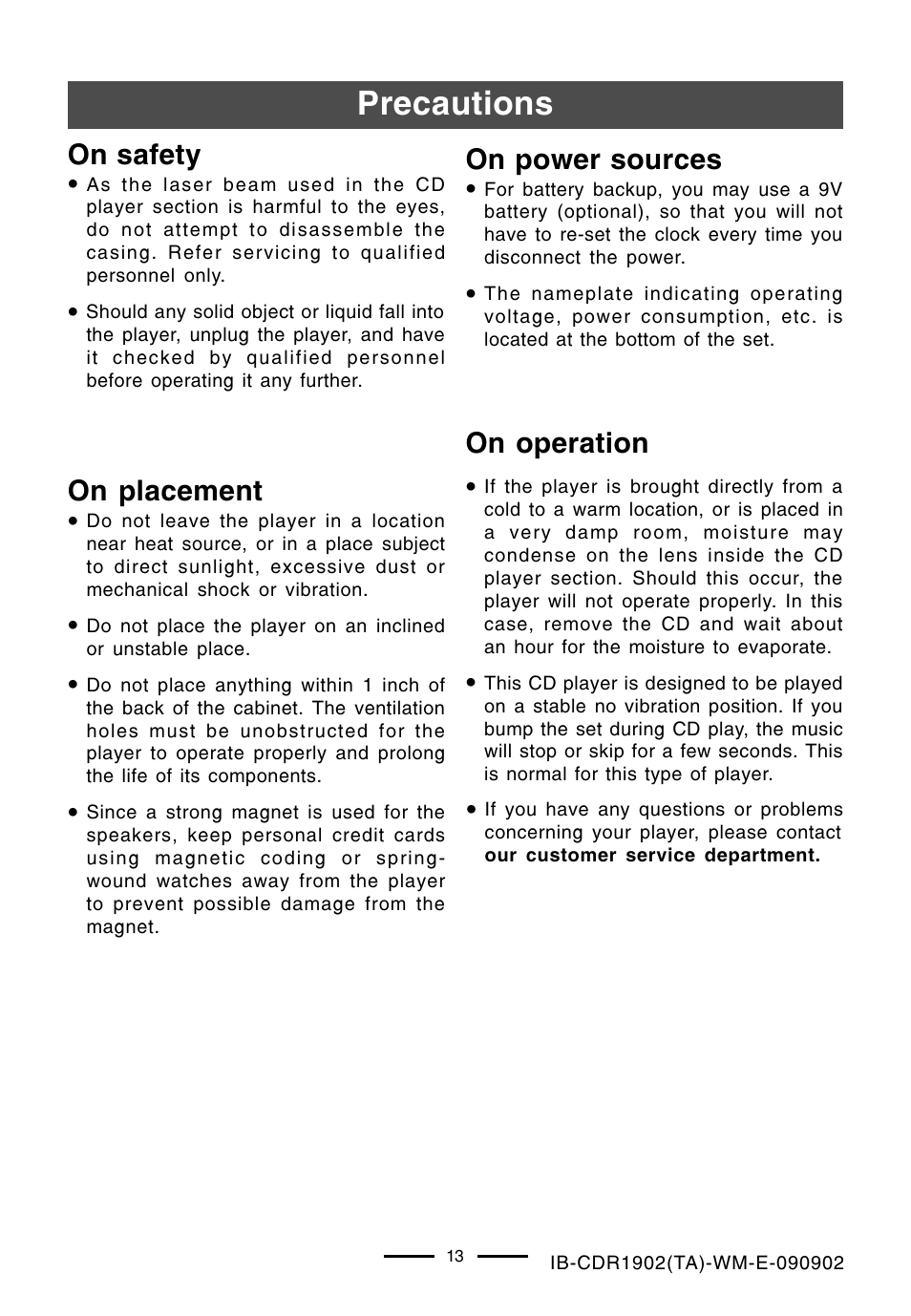 Precautions, On safety, On power sources | On operation, On placement | Lenoxx Electronics CDR-1902 User Manual | Page 14 / 17