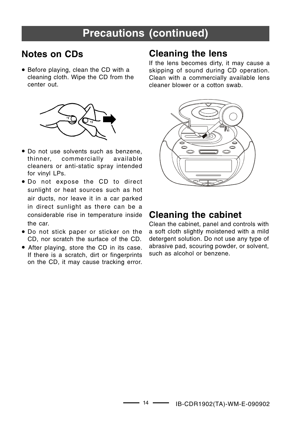 Precautions (continued), Cleaning the lens, Cleaning the cabinet | Lenoxx Electronics CDR-1902 User Manual | Page 15 / 17