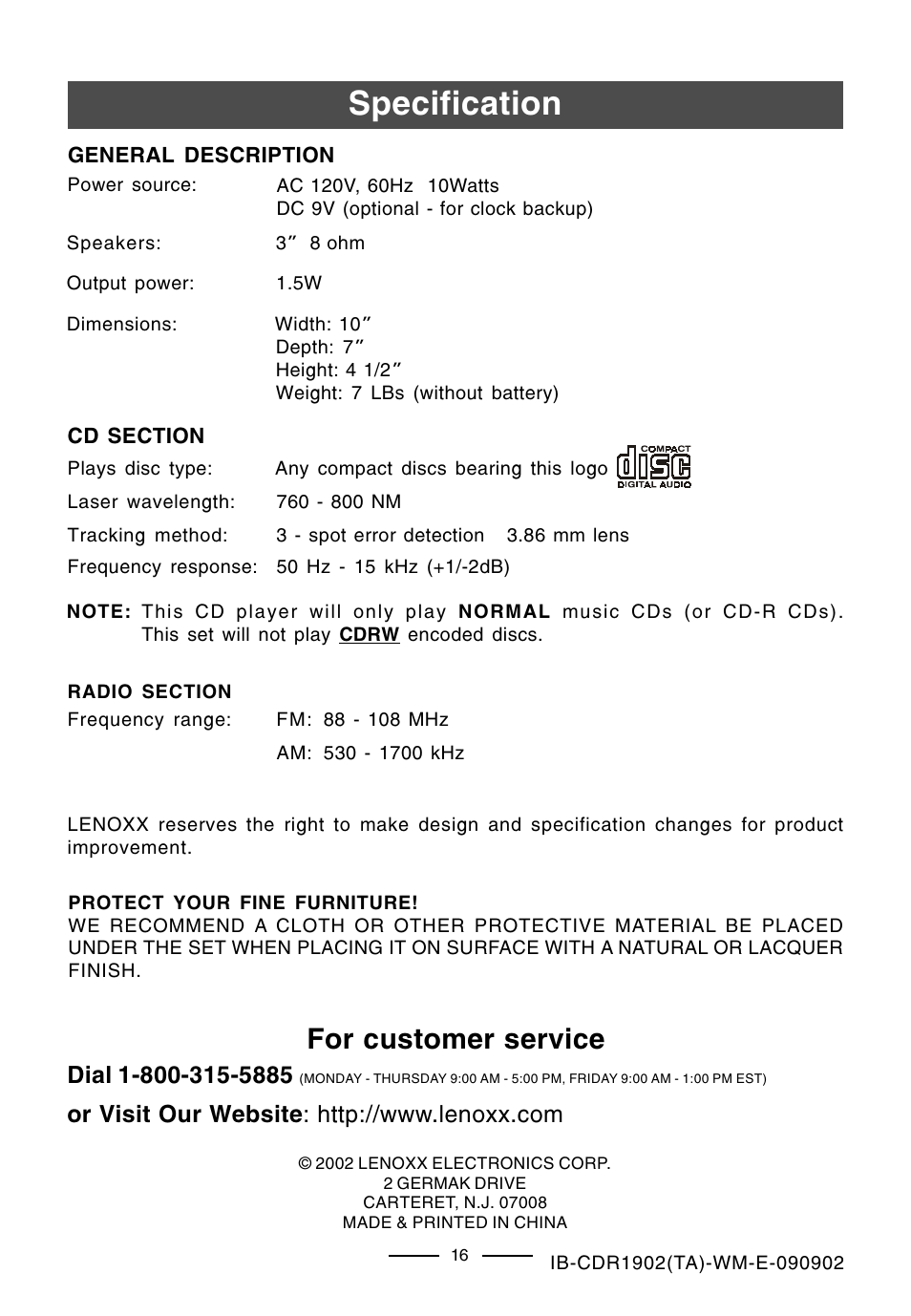 Specification, For customer service | Lenoxx Electronics CDR-1902 User Manual | Page 17 / 17