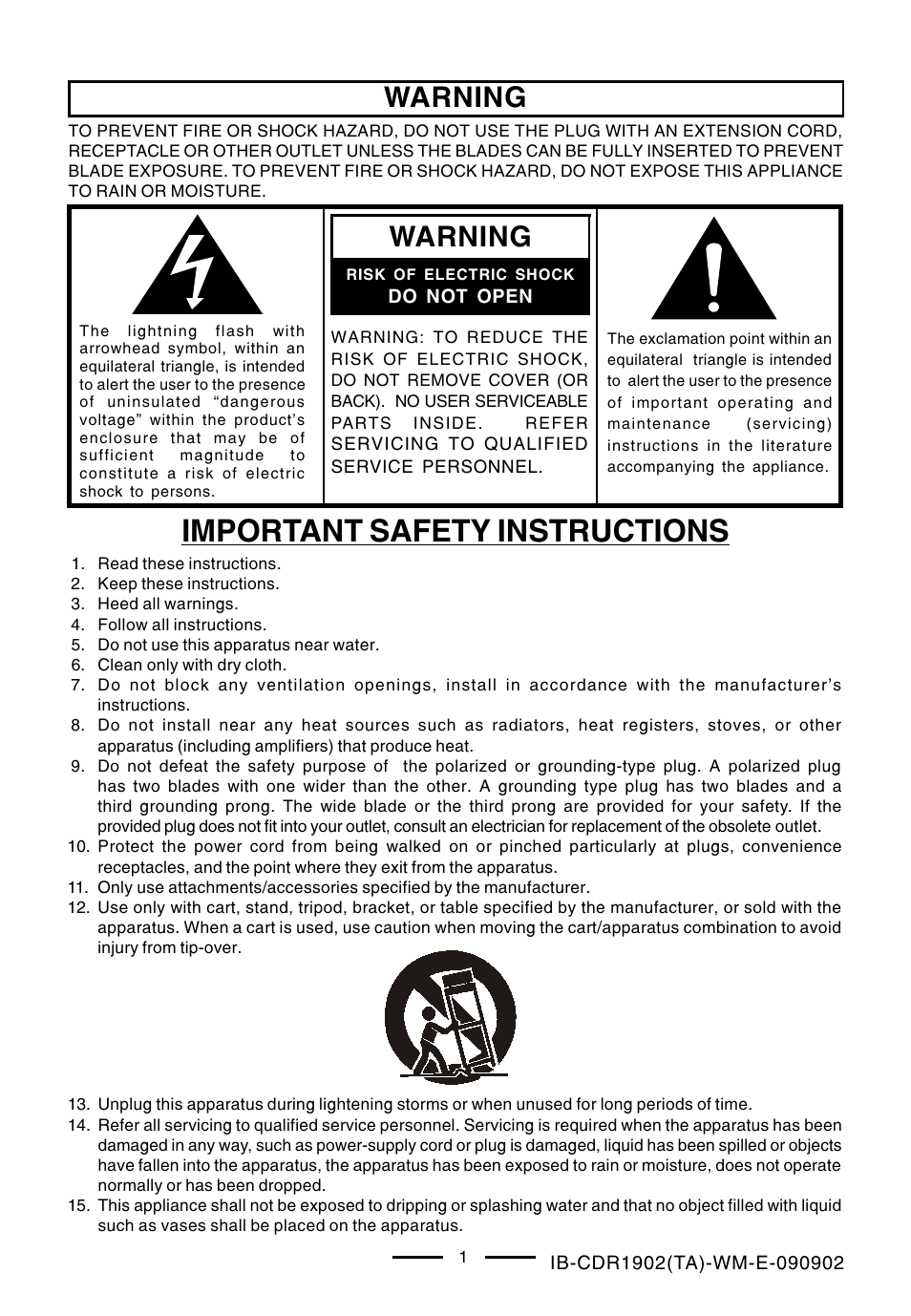 Important safety instructions, Warning | Lenoxx Electronics CDR-1902 User Manual | Page 2 / 17