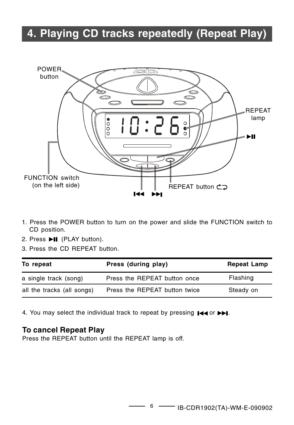 Playing cd tracks repeatedly (repeat play) | Lenoxx Electronics CDR-1902 User Manual | Page 7 / 17