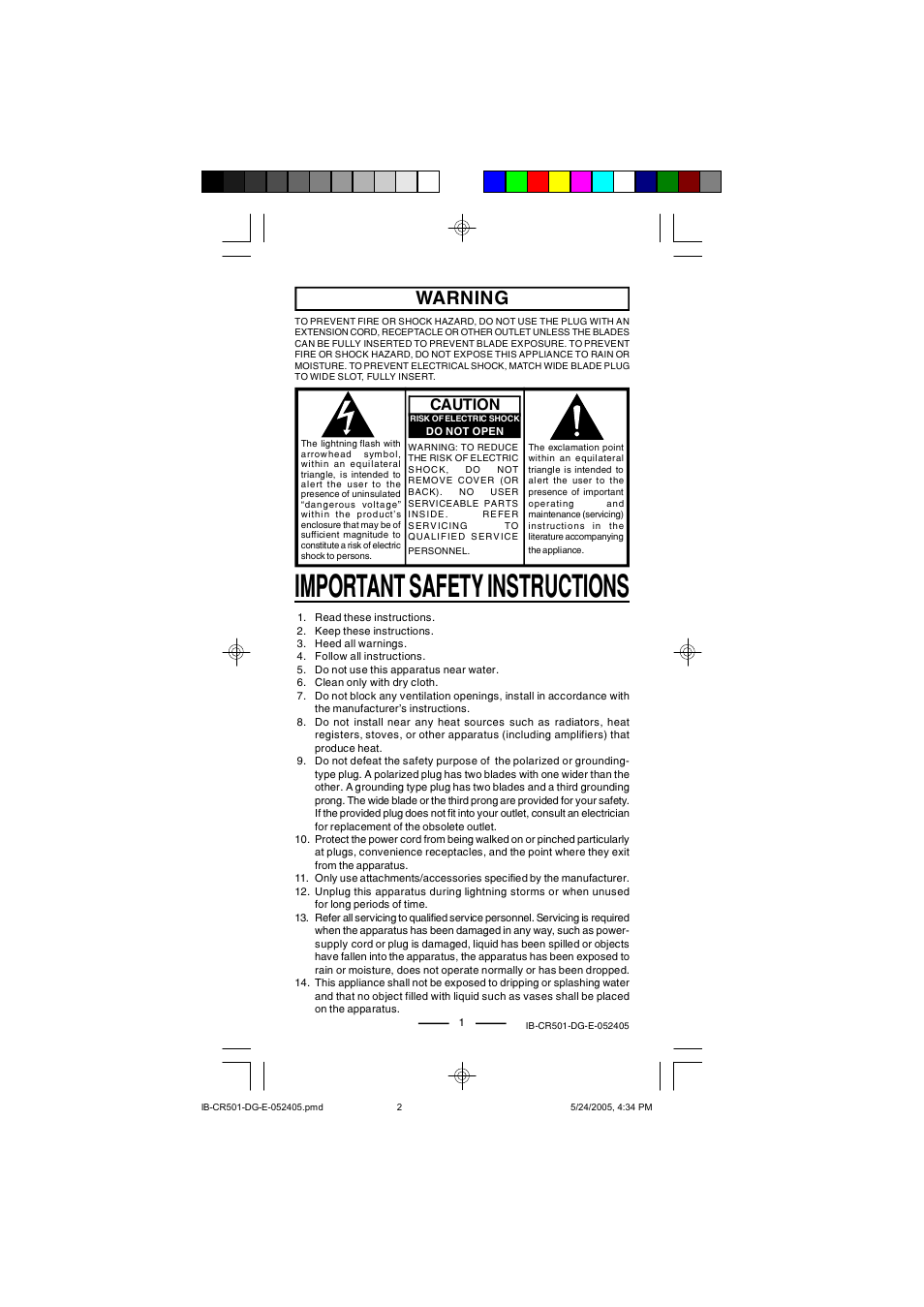 Important safety instructions, Warning, Caution | Lenoxx Electronics CR-501 User Manual | Page 2 / 7