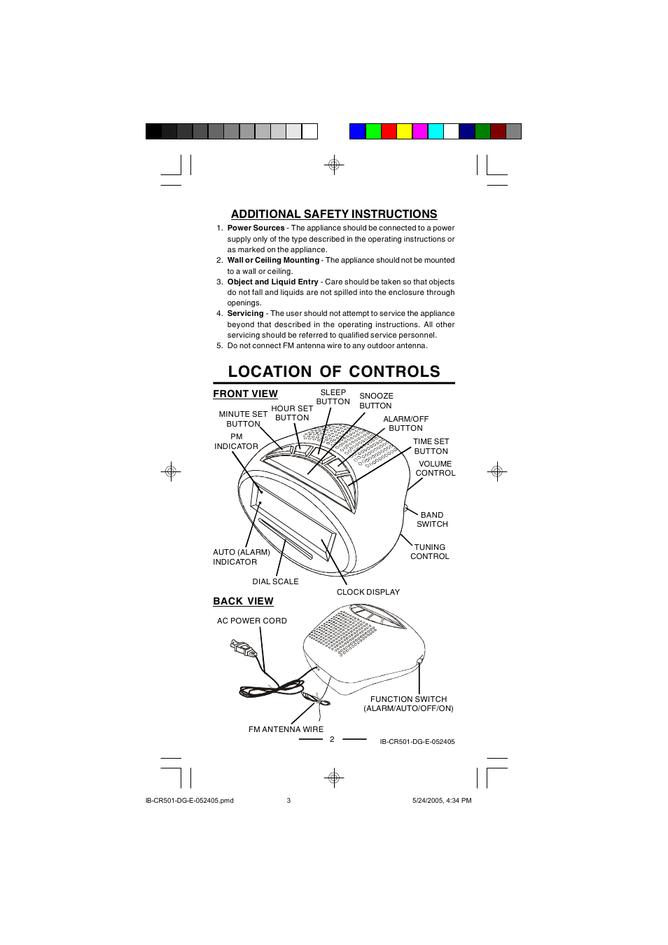 Location of controls, Additional safety instructions | Lenoxx Electronics CR-501 User Manual | Page 3 / 7
