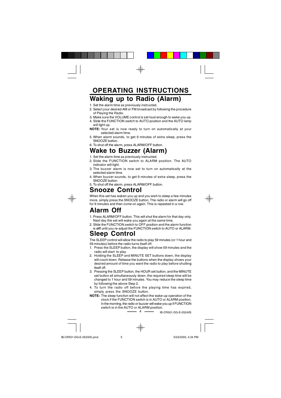 Operating instructions waking up to radio (alarm), Snooze control, Alarm off | Wake to buzzer (alarm), Sleep control | Lenoxx Electronics CR-501 User Manual | Page 5 / 7