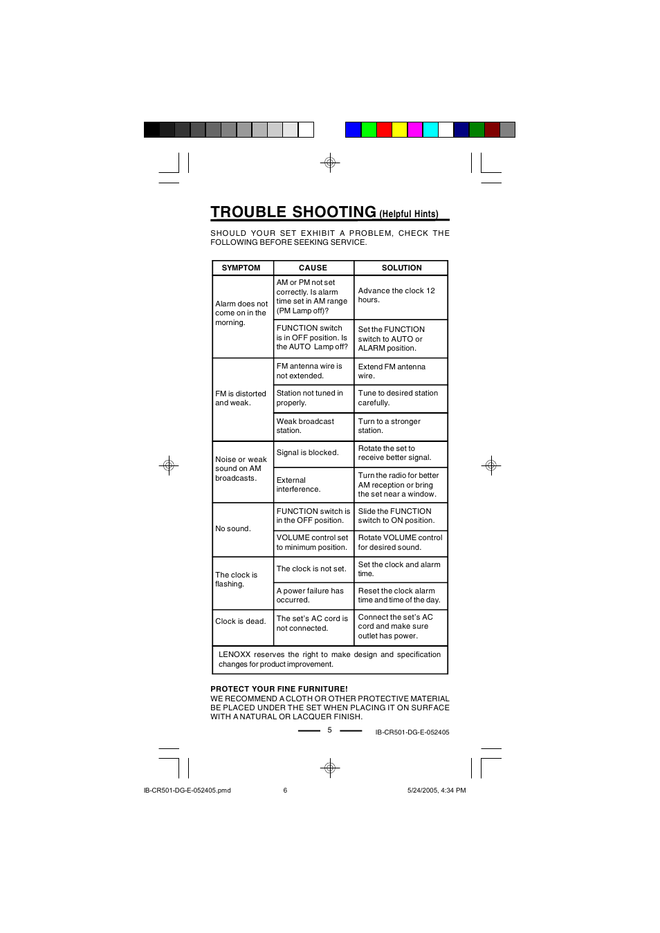 Trouble shooting | Lenoxx Electronics CR-501 User Manual | Page 6 / 7