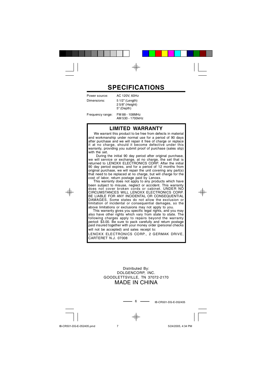 Specifications, Made in china, Limited warranty | Lenoxx Electronics CR-501 User Manual | Page 7 / 7