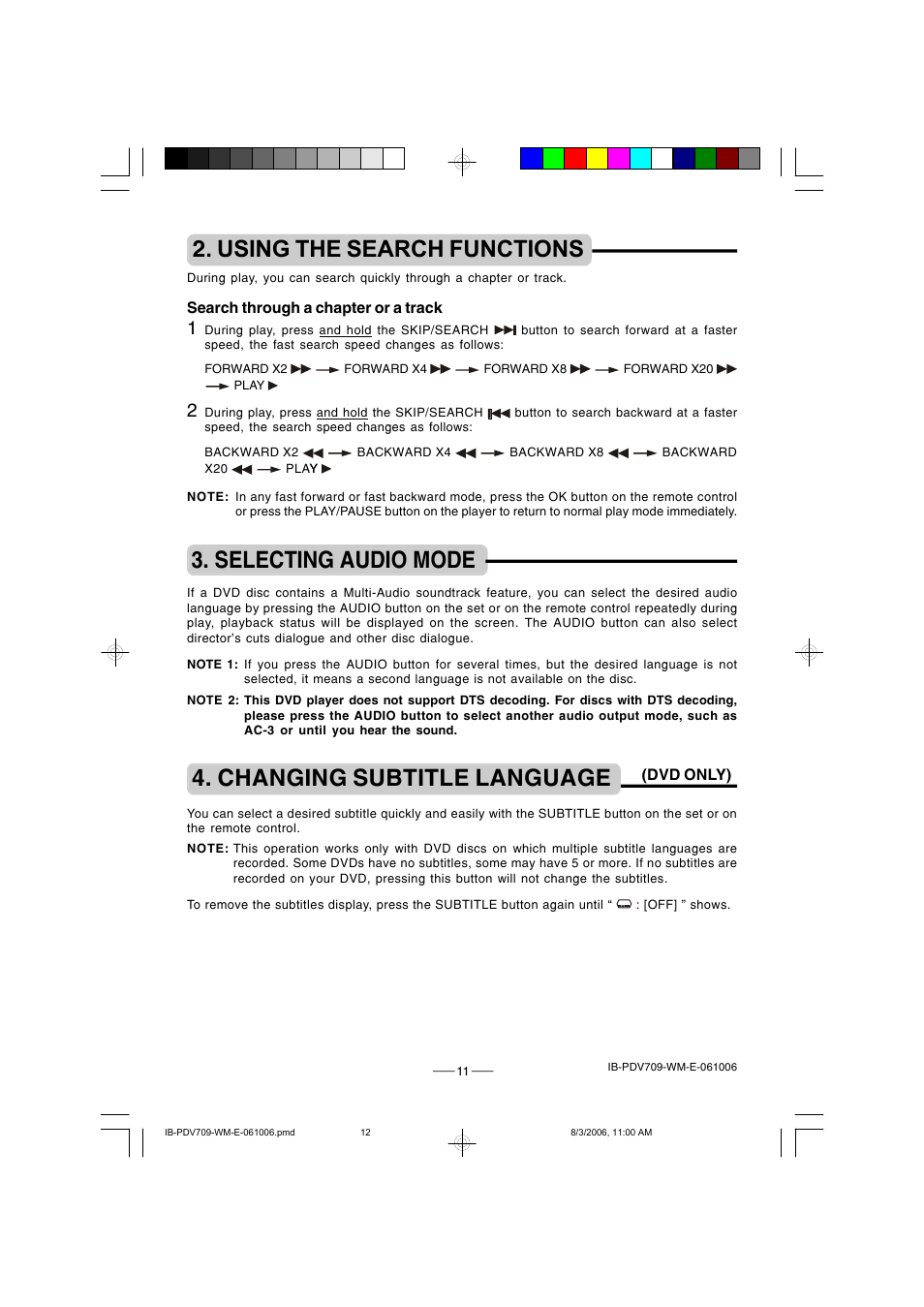 Using the search functions, Selecting audio mode, Changing subtitle language | Lenoxx Electronics PDV-709 User Manual | Page 12 / 30