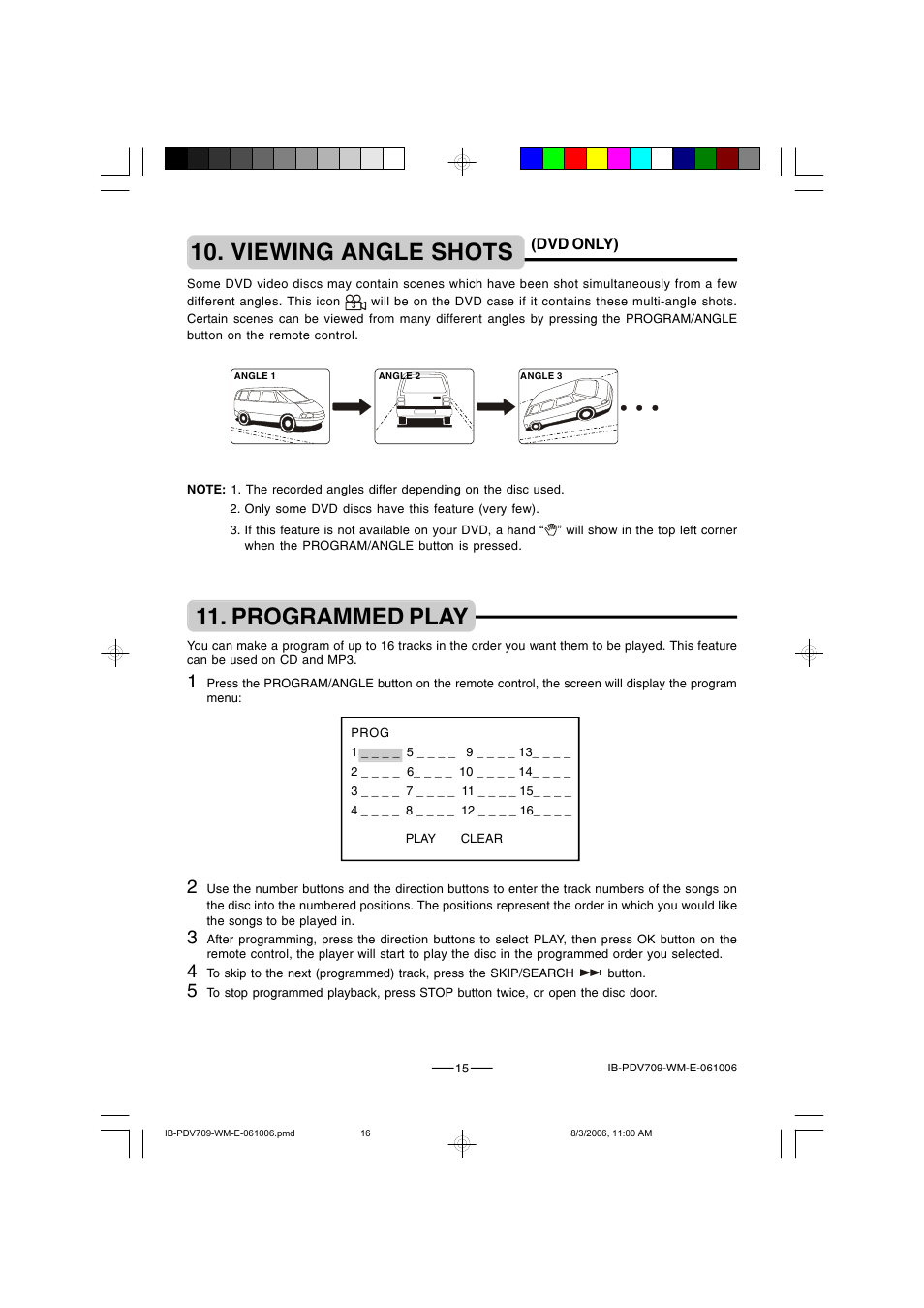 Viewing angle shots, Programmed play | Lenoxx Electronics PDV-709 User Manual | Page 16 / 30