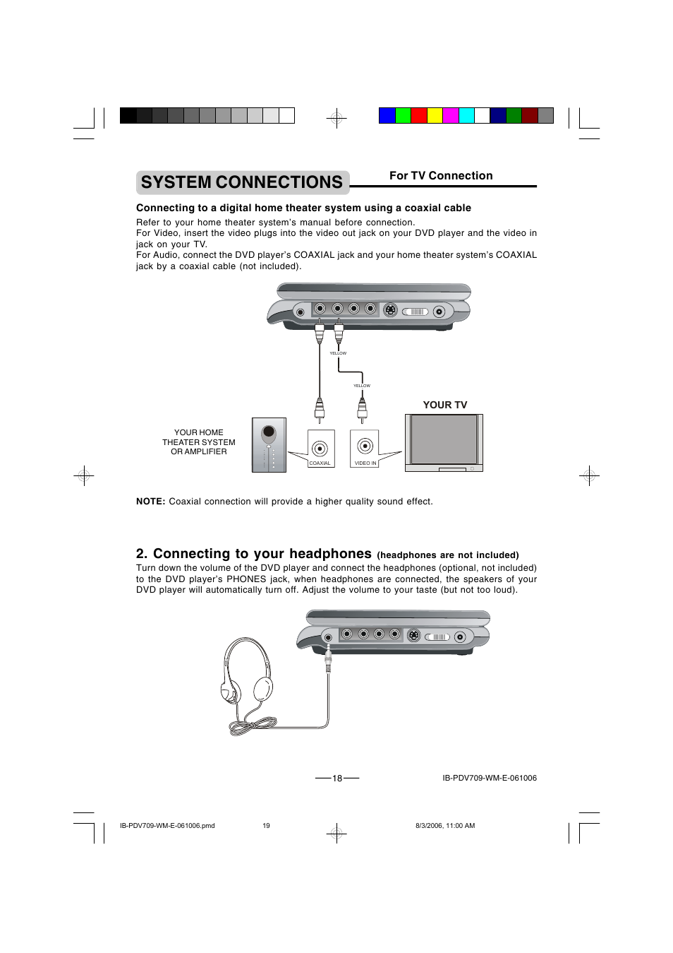 System connections, Connecting to your headphones, For tv connection | Lenoxx Electronics PDV-709 User Manual | Page 19 / 30