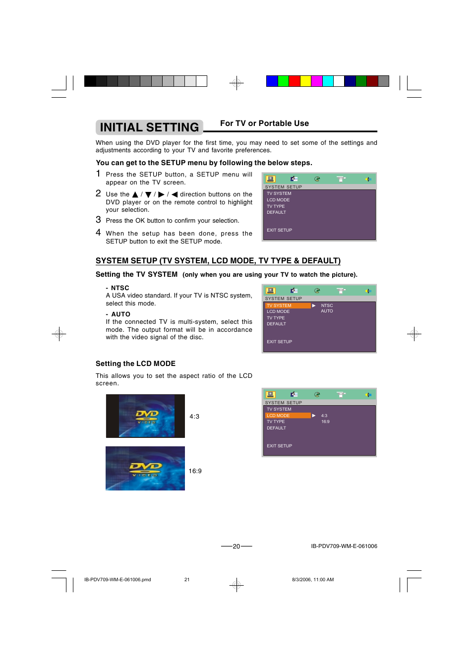 Initial setting, For tv or portable use | Lenoxx Electronics PDV-709 User Manual | Page 21 / 30