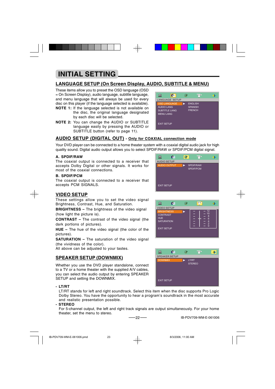 Initial setting, Audio setup (digital out), Speaker setup (downmix) | Video setup | Lenoxx Electronics PDV-709 User Manual | Page 23 / 30